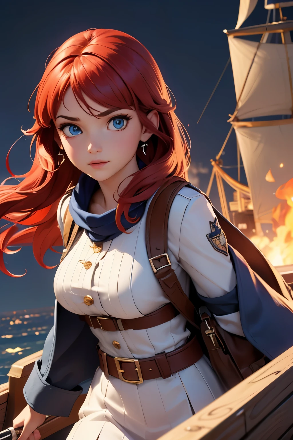 (good quality:1.2), (Ultradetailed:1.2), (ultradetailed face:1.2), (detailed blue eyes:1.2), (ultradetailed body:1.2), young girl with old pistole, red hair, white pirate dress, black ship, night, battlefield, fire in the background