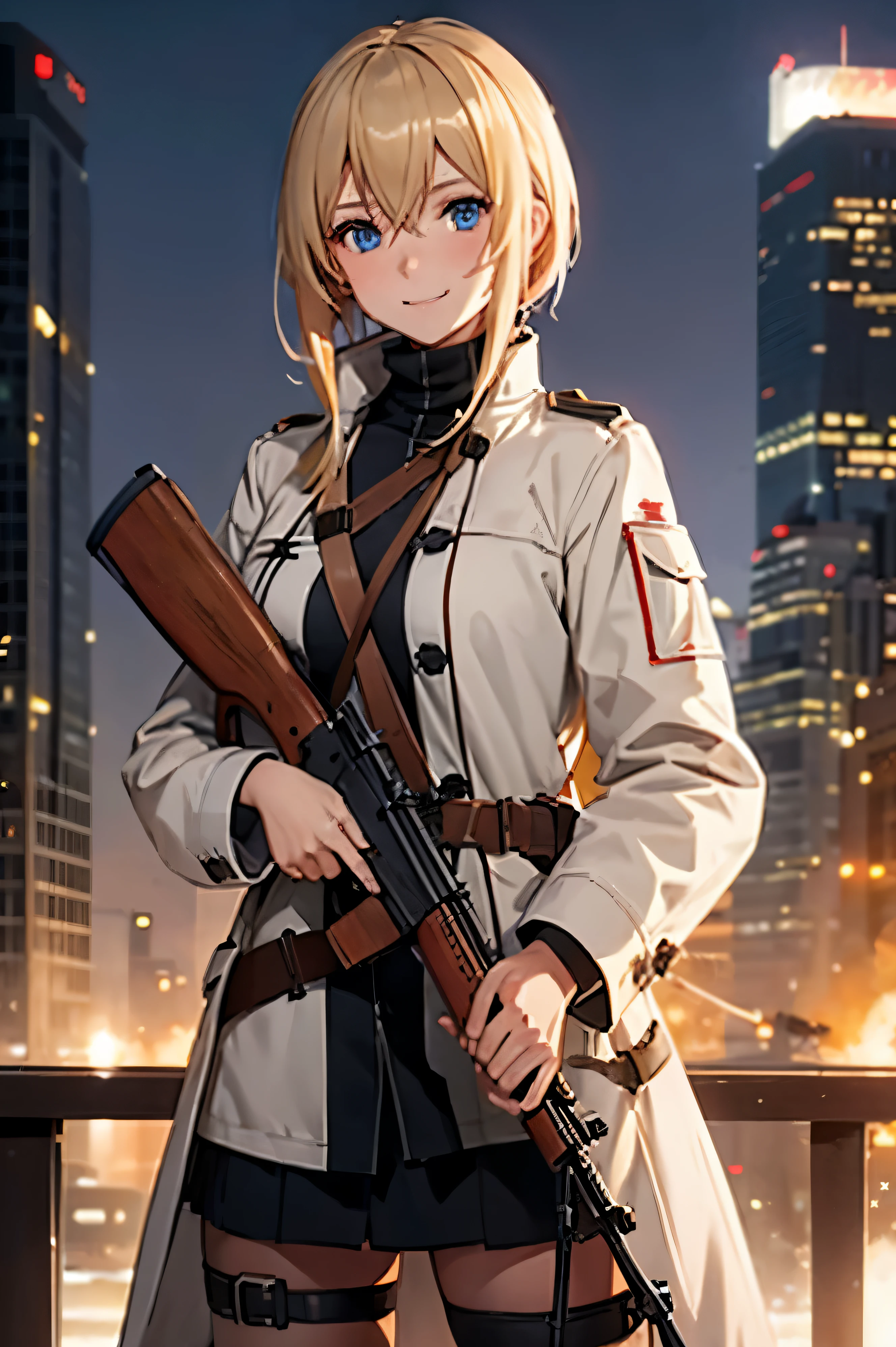 Adult Female Solo、girl&#39; frontline 2、Mosin Naganト、Mosin Nagan、Messy blonde semi-short hair(one knot)、blue eyes、smile、smart turtleneck(Brown)、white tactical coat、Shoulder Belt、USSR logo、Wooden rifle(Mosin Nagan)、smart pose、Los Angeles cityscape、high quality、High resolution