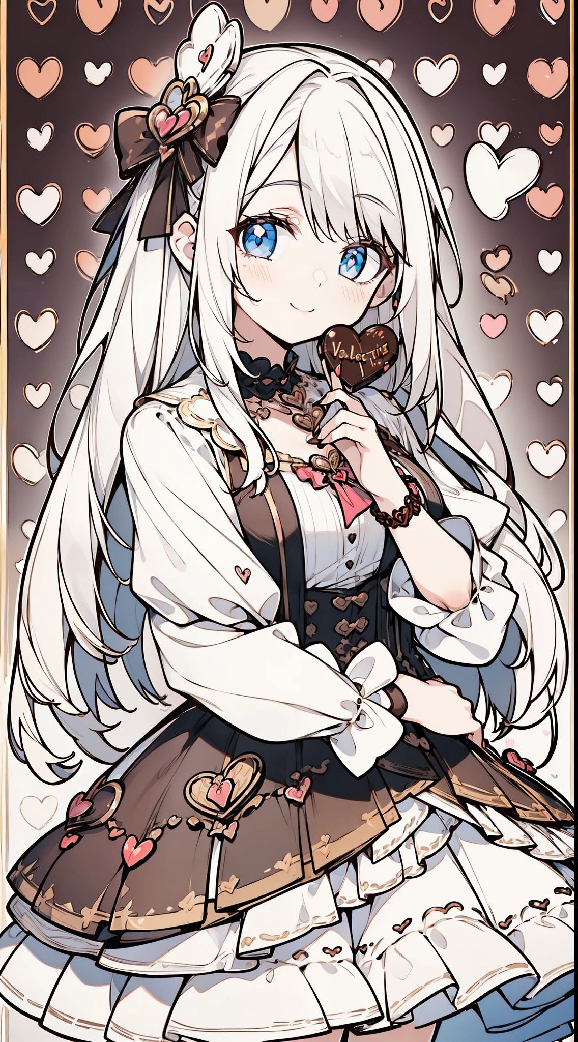 (((32k))), (16k), (8k), (4k), (((32k heart background))), (((Pretty girl))), (((cute girl))), (beautiful quality eyes), (cute smile), (((dress))), (valentine), ((holding heart chocolate)), 