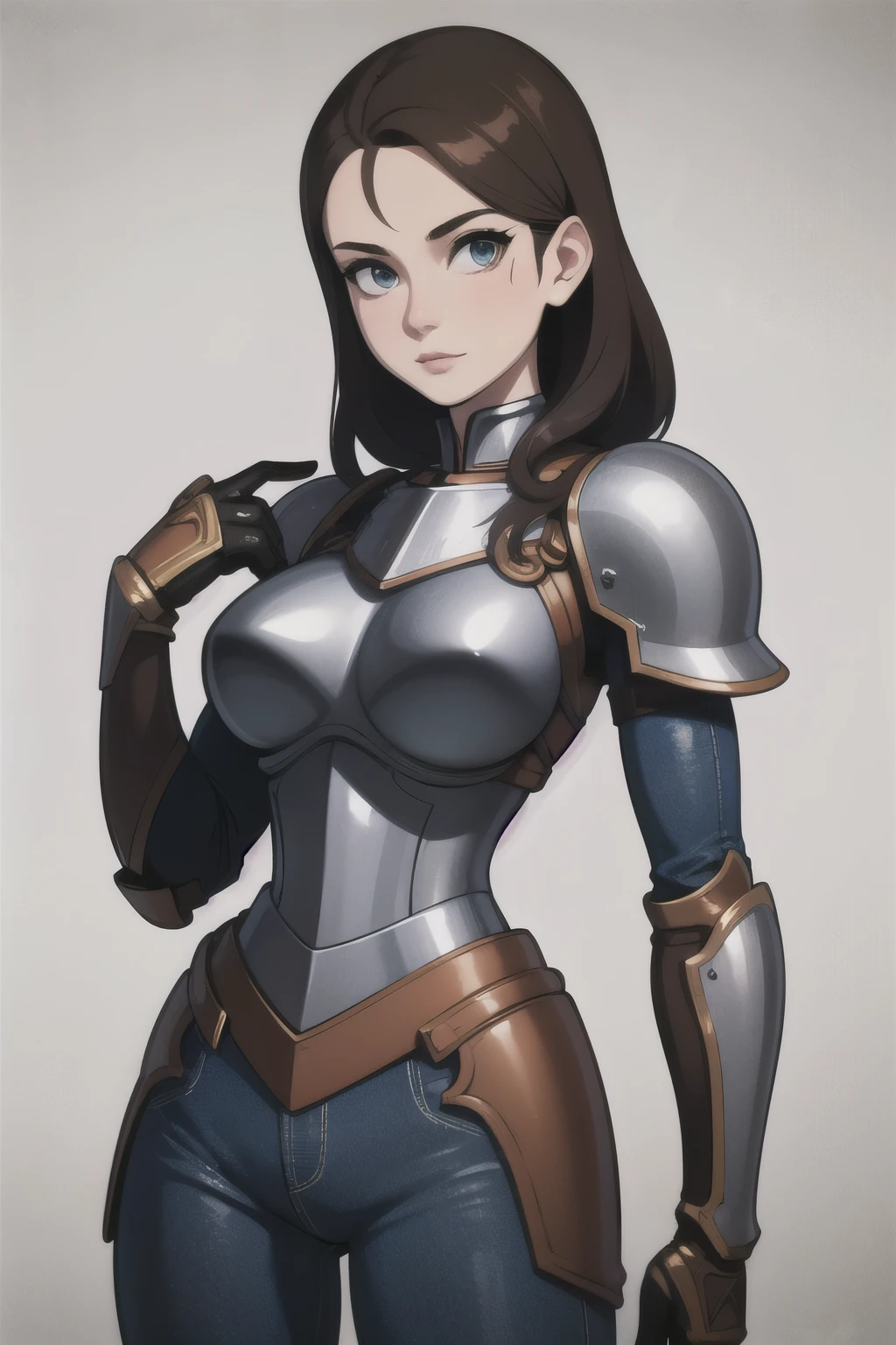 ((Best quality)), ((masterpiece)), (detailed), perfect face perfect figure, blue skinny jeans, Brown hair, Iron Breastplate, girl in blue jeans and iron armor