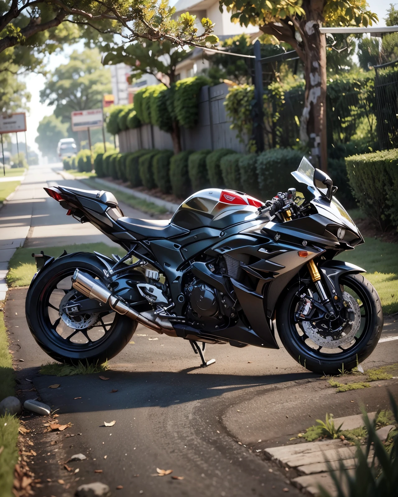 motorcycle parked in the grass near a man in a black shirt, front side full, yoshimura exhaust, r6, white red, front profile!!!!, kawasaki, cr3, black & white, f32, f 3 2, front side, kawaai, black white, clean line, riding, full colored, unreal enging, full pose, motorbike