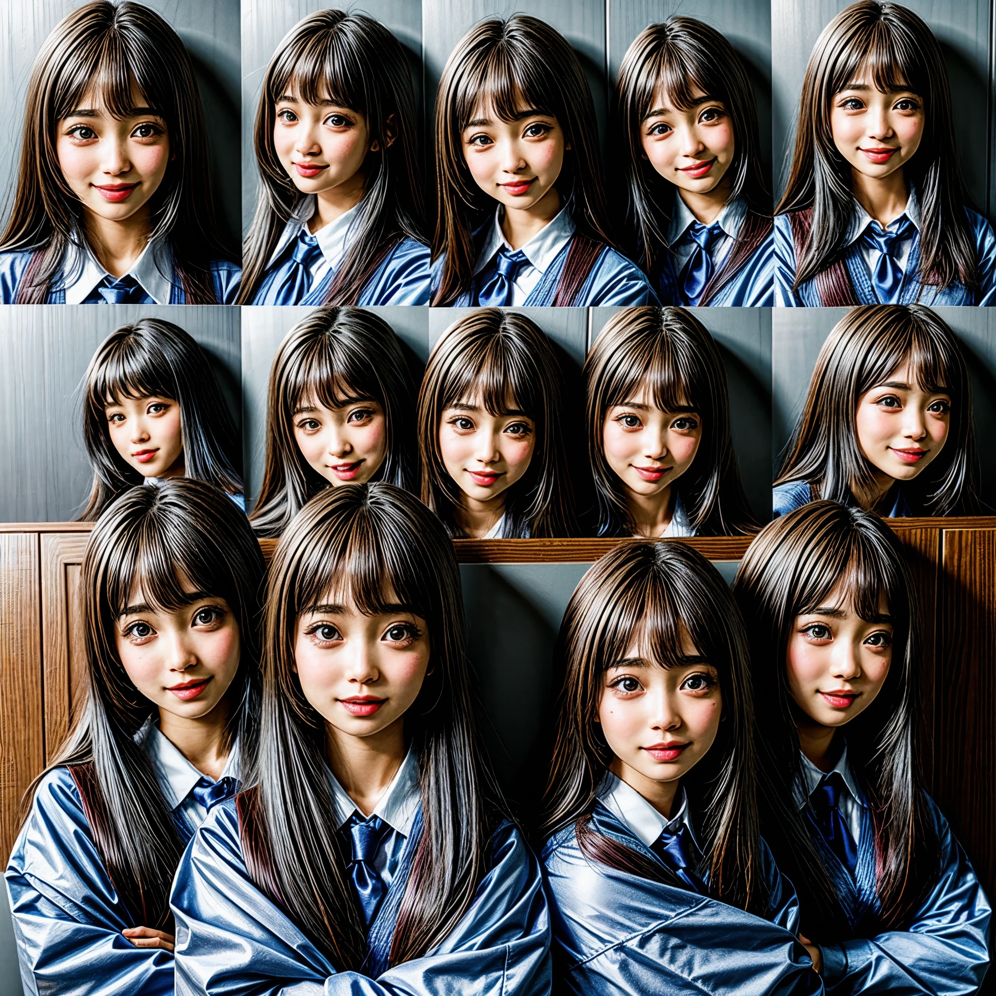 (((1 KAWAII girl, 9 grids, 9 poses and expressions, different emotions))) . Extremely Detailed KAWAII face, School Uniform , (9 photographs on the wall), (NSFW:-0.95) .