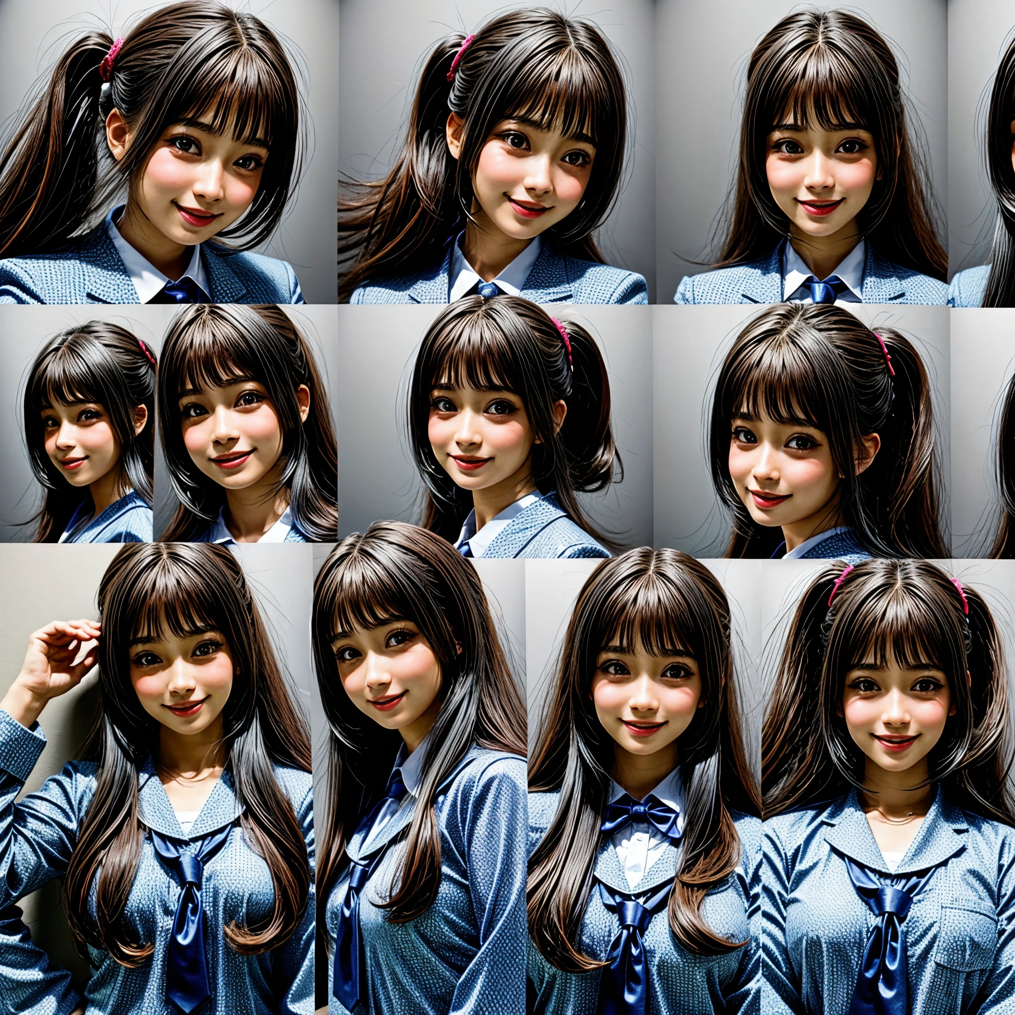 (((1 KAWAII girl, 9 grids, 9 poses and expressions, different emotions))) . Extremely Detailed KAWAII face, School Uniform , (9 photographs on the wall), (NSFW:-0.95) .