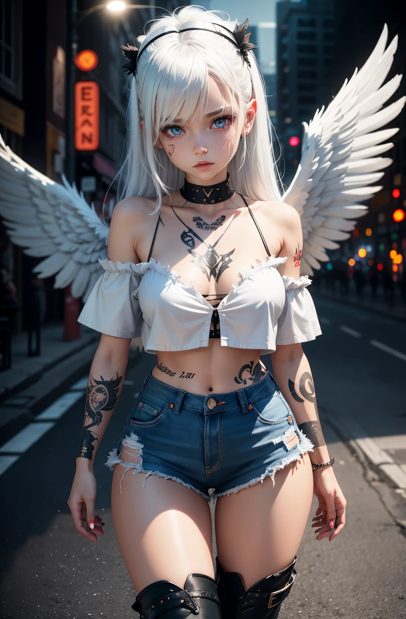 angel wings,Angel aperture,white hair,red pupils,tattered off-the-shoulder shirt,Denim shorts,tattoo,thigh boots,night,Neon Street