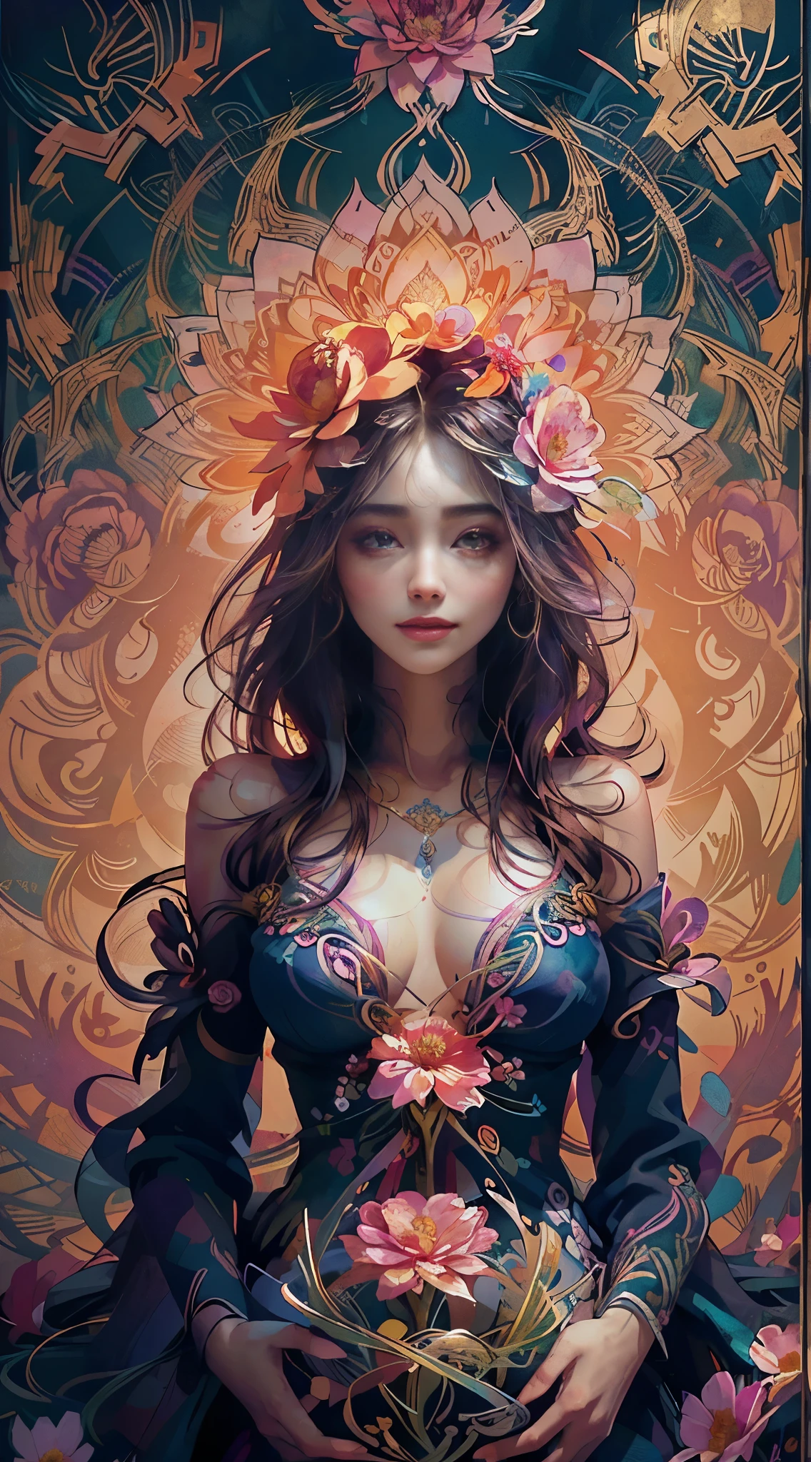 official art, unity 8k wallpaper, ultra detailed, beautiful and aesthetic, beautiful, masterpiece, best quality, (zentangle, mandala, tangle, entangle), (ecstasy of flower:1.2), dynamic angle, cowboyshot, the most beautiful form of chaos, elegant, a brutalist designed, vivid colours, romanticism, atmospheric, smirk smile, wink eye