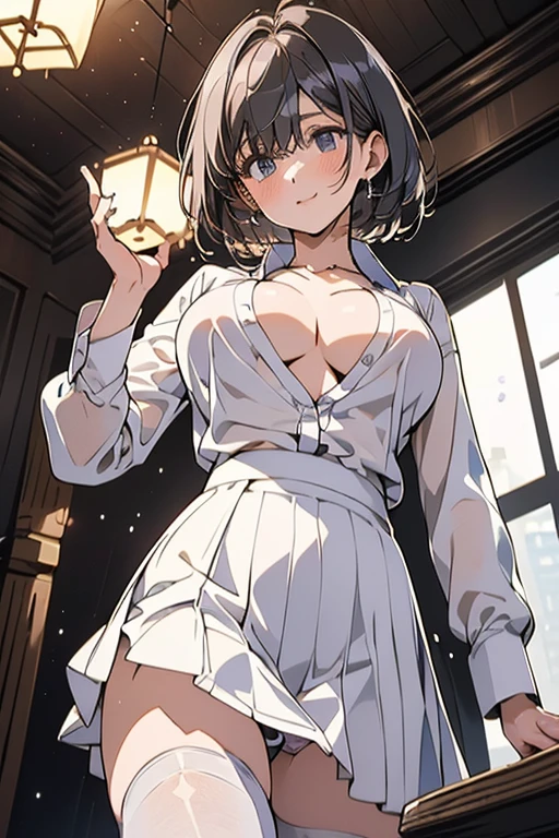 1 beautiful woman, Beautiful Office Lady, slender body, realistic, very detailed CG 統合 8k 壁紙, very detailed, High resolution raw color photos, professional photos, realistic portrait, cinematic light, beautiful details, (beautiful breasts:), (cleavage:1.2), (White shirt with wide open chest:1.5), (extremely short skirts:1.3), pantyhose, panties, squat, indoors, Sales Office, (最high quality:1.4), Super detailed, high quality, table top, (view from below:1.5)、slight smile、short hair、((White wet light underwear))、