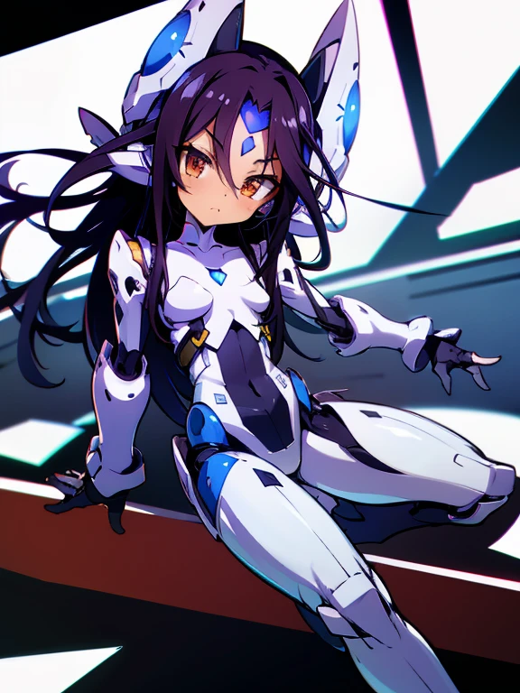 Masterpiece, best quality, highres, amazing quality, flat chested, male, (8 year old boy), shota, (Dark skin), cute, red eyes, very long dark brown hair, blue gem on forehead, white mecha musume armour, white exosuit armour, black powersuit, android girl disgaea, (mecha eargear), white mecha armour leggings and white mecha gaunlets, no game no life Shuvi, (infinite stratos Byakushiki),