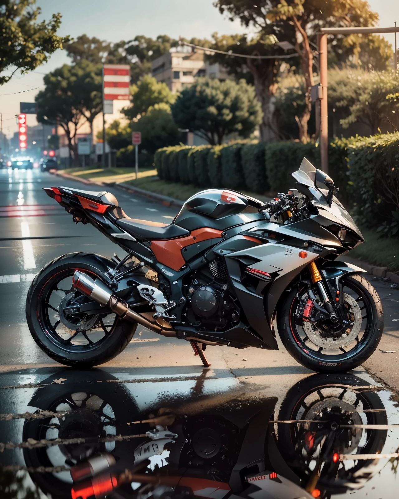 ((cyberpunk)),motorcycle parked in the grass near a man in a black shirt, front side full, yoshimura exhaust, r6, white red, front profile!!!!, kawasaki, cr3, black & white, f32, f 3 2, front side, kawaai, black white, clean line, riding, full colored, unreal enging, full pose, motorbike