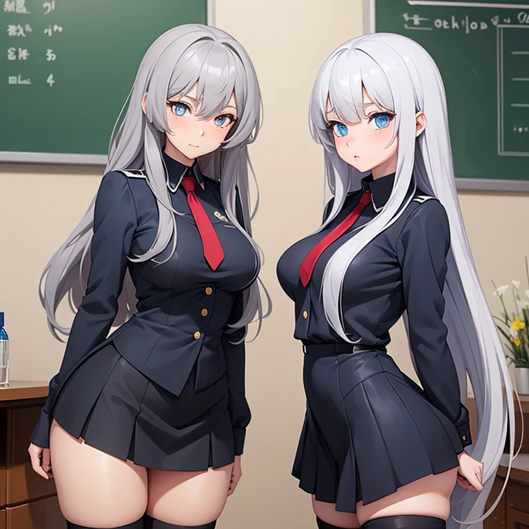 yuri, (YukineChris, (miniskirt black police uniform)、gray hair, long hair, Purple Eyes,  twin tails,low  twin tails,  ,  Big Breasts ,  perfect finger、blush). (akatsuki kirikablonde hair, 2girl,green eyes, looking at viewer, medium breasts x hair ornament,), 2girls,  kneeling、 no panties、