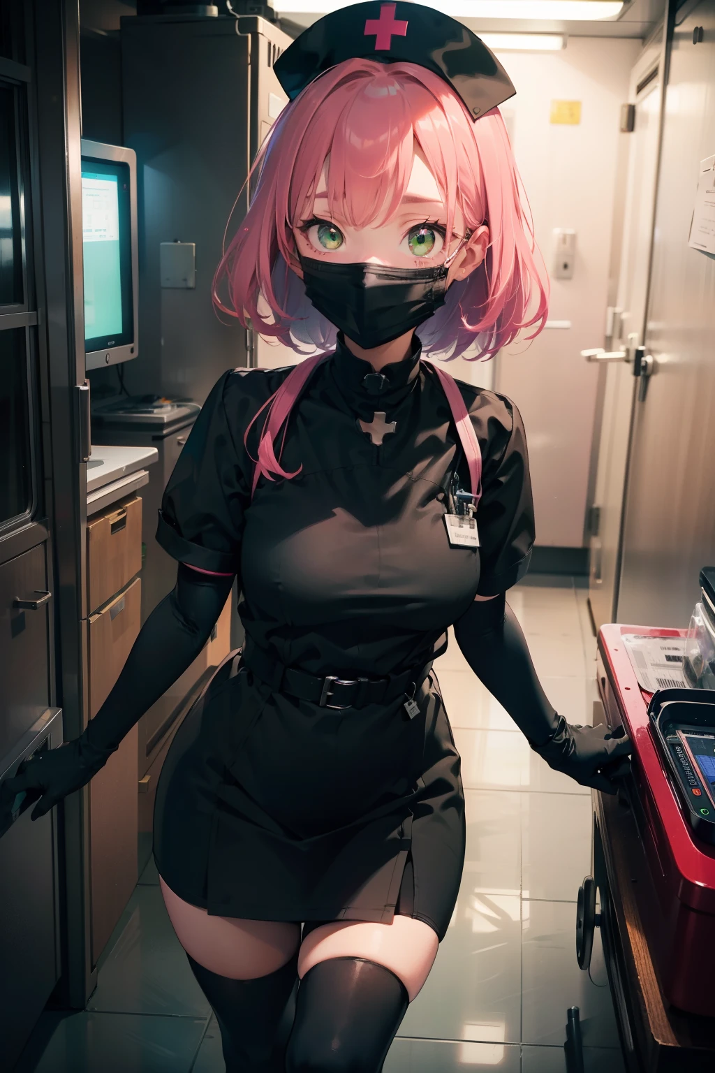 black nurse, 1 girl, alone, black nurse cap, Black Wear, ((black legwear, zettai ryouiki)), black elbow gloves, pink hair, green eyes, droopy eyes, ((Black surgical mask, Covered nose)), Are standing, ((operating room)), sharp outline, short sleeve, highest quality, masterpiece