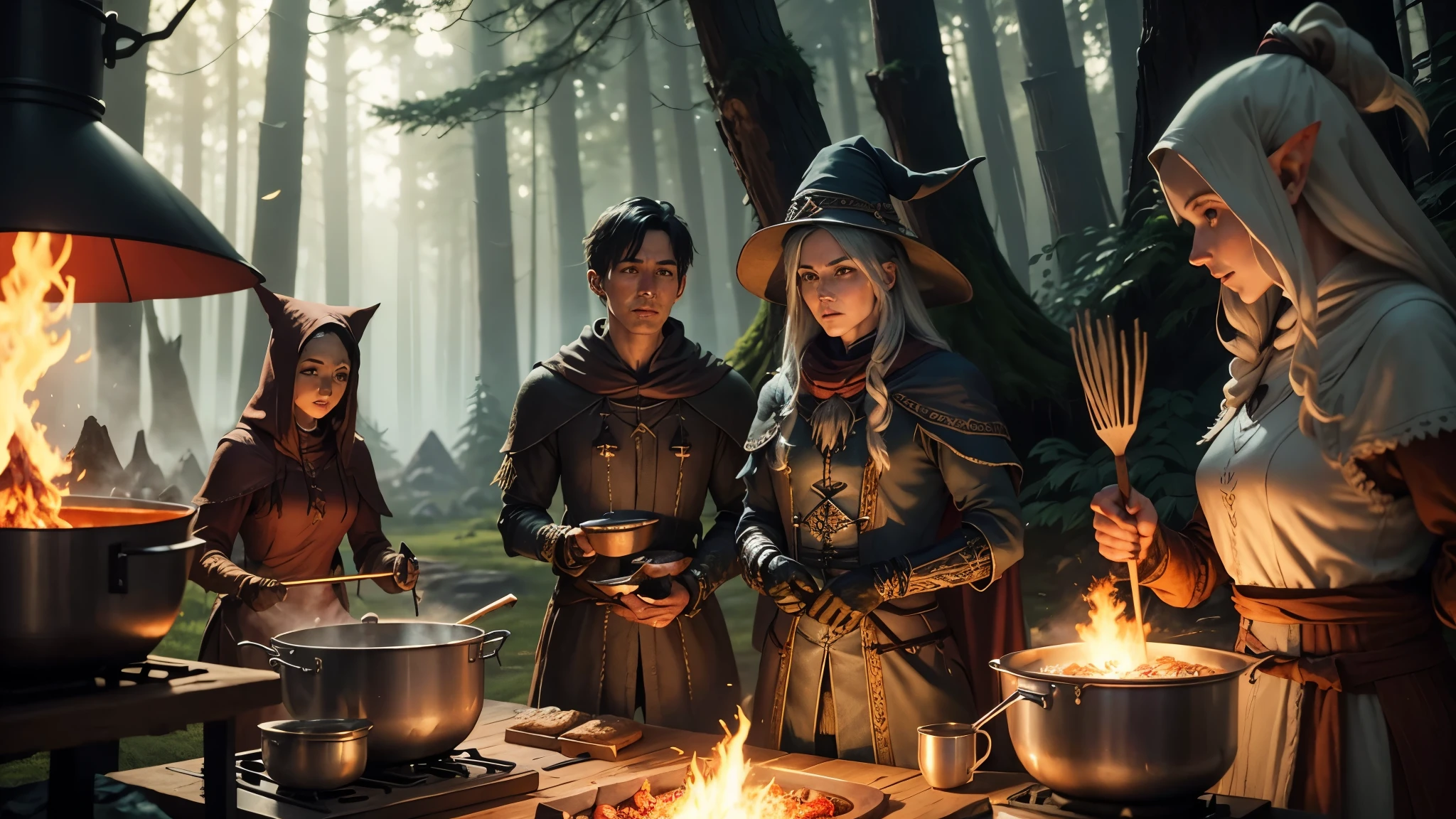 Fantasy Game, Character Skeletons wizards witches swordsmen archers mages astronauts elves beasts giants Fantasy suit, cooking by big Pot in Forest at Tent my Camp, Use Item magic and Ingredients for cooking, Art style.