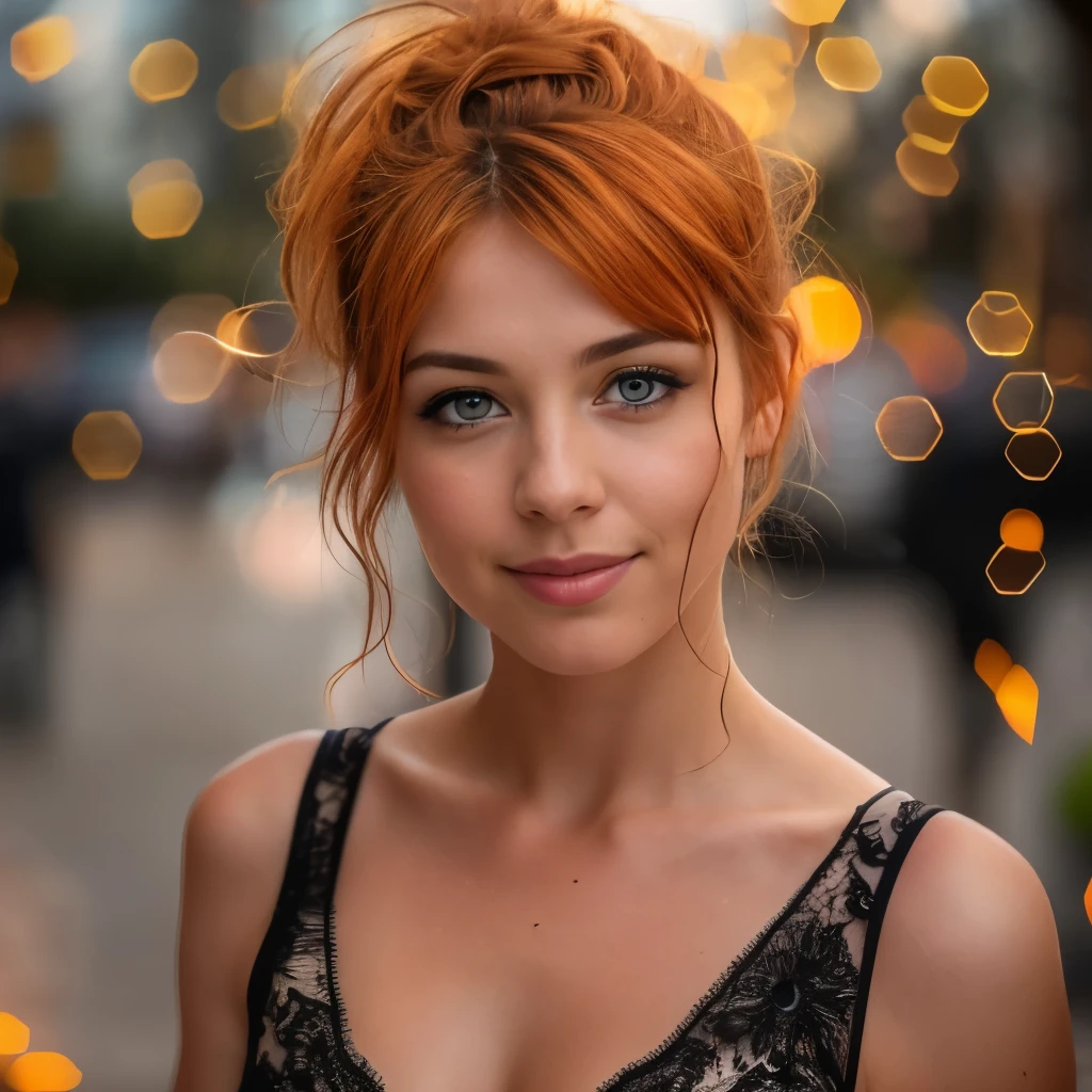 Beautiful and sexy European woman with light brown eyes, 25 years old, strong and vibrant short orange hair the girl is wearing a beautiful black party dress, high heels, full subject shown in the photo, abstract light background, girl is in focus, blurred background, depth of field, sarcastic smile, girl is looking to the side, girl is not looking at the camera, complete subject appears in the photo, bare legs, no nudity, hair in a messy bun, light brown eyes, vibrant orange hair slim waist, very detailed, innocent face, face length 1.3 times the width of the face, almond-shaped eyes, square face shape, high cheekbones, naturally wavy hair, honey eyes, high resolution, artwork, best quality , intricate details, very detailed, sharp focus, detailed skin, realistic skin texture, texture, detailed eyes, professional, 4k, charming smile, shot with Canon, depth of field, Kodak Vision Colors, Perfectly fitted body, extremely detailed, photo_\ ( ultra \), photorealistic, realistic, post-processing, Maximum detail, roughness, Real life, ultrarealistic, photorealism, photography, 8K Ultra HD, photography