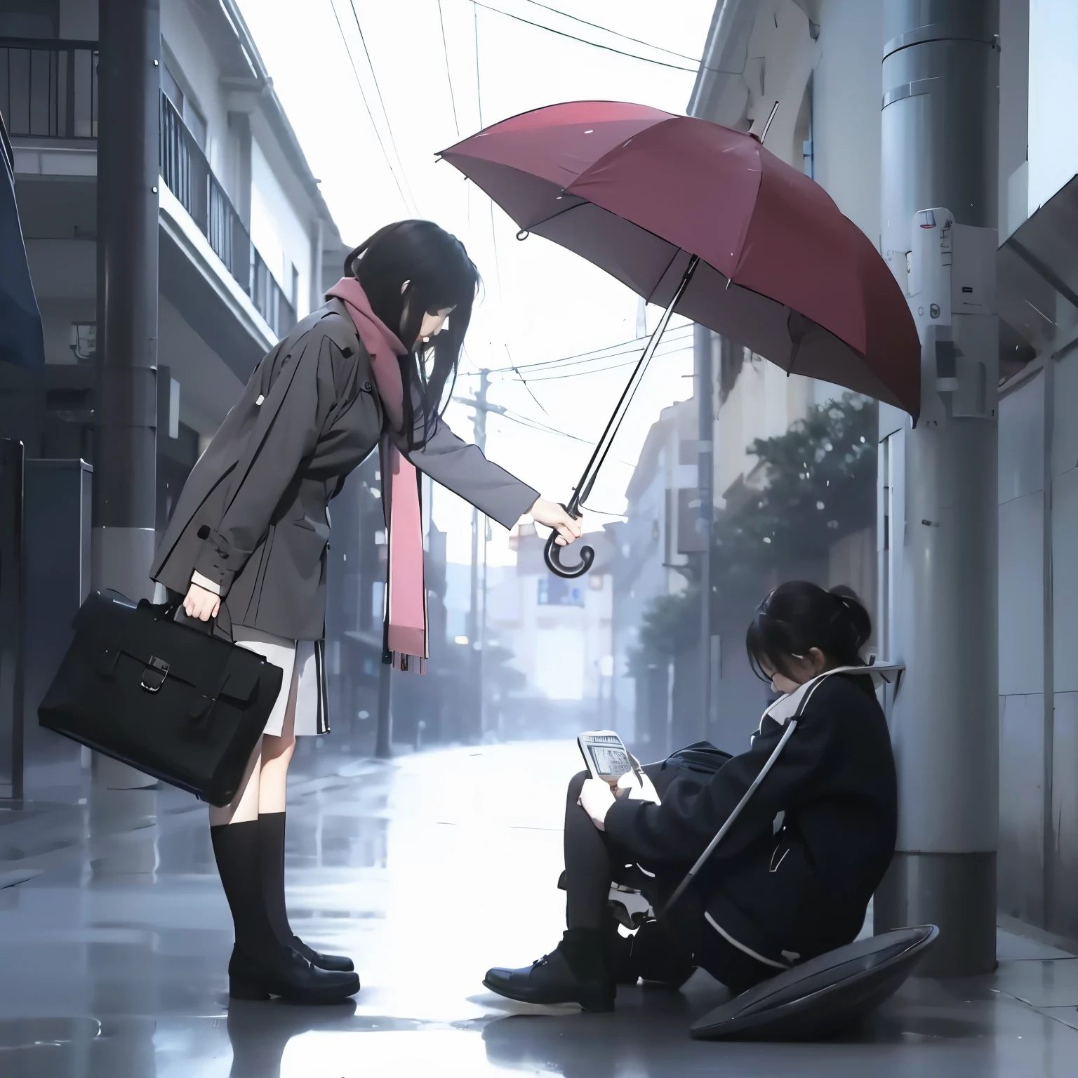 masterpiece,best quality,,Realistic style,A girl bent over holding an umbrella,huge :1.3,There are on the street