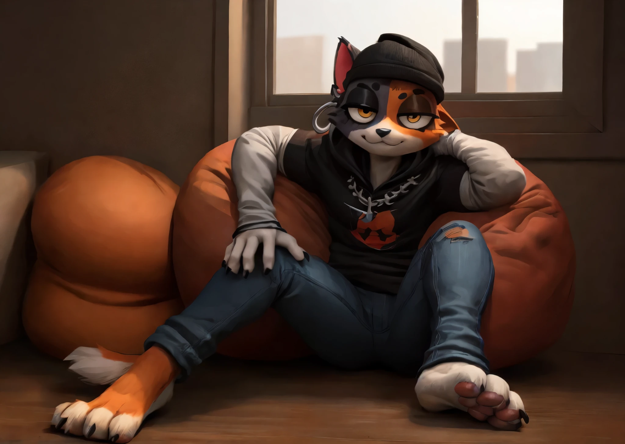 [meow skulls], [Uploaded to e621.net; (Pixelsketcher), (wamudraws), (W4G4)], ((masterpiece)), ((HD)), ((high res)), ((solo portrait)), ((front view)), ((furry; anthro)), ((detailed fur)), ((detailed shading)), ((beautiful render art)), {anthro calico cat; (black and orange fur), (two toned fur), (black fur on right leg), (black fur on left arm), (orange fur on left leg), (orange fur on right arm), (black nose), (droopy cat ears), (cute yellow eyes), (short eyelashes), (long cat tail), (defined muscles), (curvy hips), (beautiful legs), (beautiful feet), (smug smirk), (relaxed expression)}, {(black hoodie), (black and white stripes on sleeves), (tight torn jeans), (chain fishbone necklace), (black beanie), (silver hoop earring)}, {(sitting on beanbag), (crossed legs), (looking at viewer)}, [background; (bedroom), (window), (blue sky), (sun rays), (ambient lighting)]