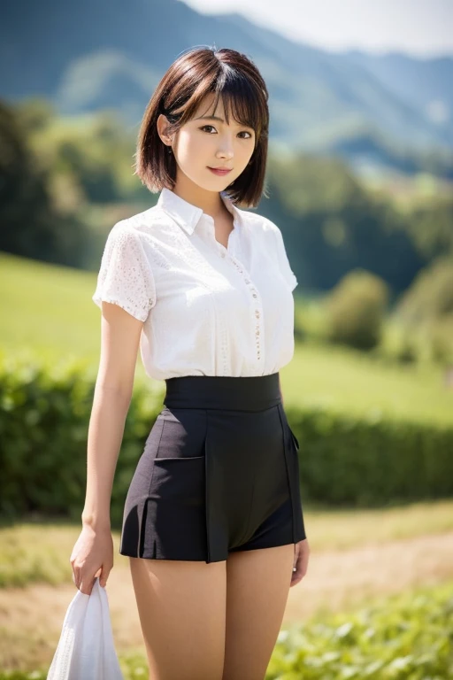 live-action, Beautiful skinny Japanese actress Minami Hamabe, Her face is Minami Hamabe, a Japanese actress., I am standing on a farm with a view of the mountain ridgeline of Nobeyama., （Detailed model figure：face is facing the camera, The body is facing the camera） （Photo composition：Front of the body, Photo from thighs up,looking at the camera,　Photo from the front） （hair details：Bob cut brown hair） （Body details：Height: 155cm, bust 79cm, Waist 55cm, Hip 85cm, Healthy thighs) （detailed costumes： pink short sleeve blouse, Her fluffy white miniskirt flutters in the wind and reveals her red panties.）