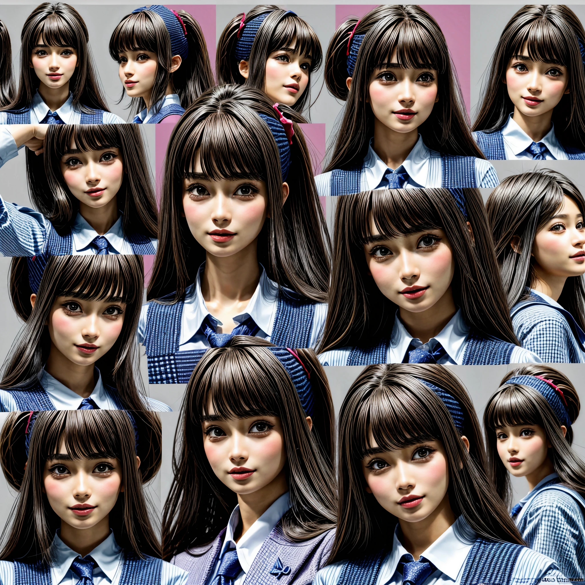 (((1 KAWAII girl, 9 grids, 9 poses and expressions, different emotions))) . Extremely Detailed KAWAII face, School Uniform 