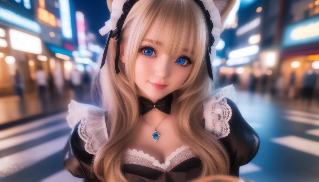 Blonde girl with blue eyes and a black and white dress, surreal sweet bunny girl, cute realistic portrait, very beautiful cute cat girl, anime style. 8K, , Realistic anime 3d style, Anime girl in a maid costume, Cute 3d anime girl rendering, realistic anime girl render, hyper realistic anime, realistic anime,The background is a relaxing atmosphere such as a coffee shop or a house.,Transcendent smile,Express gratitude with your whole body