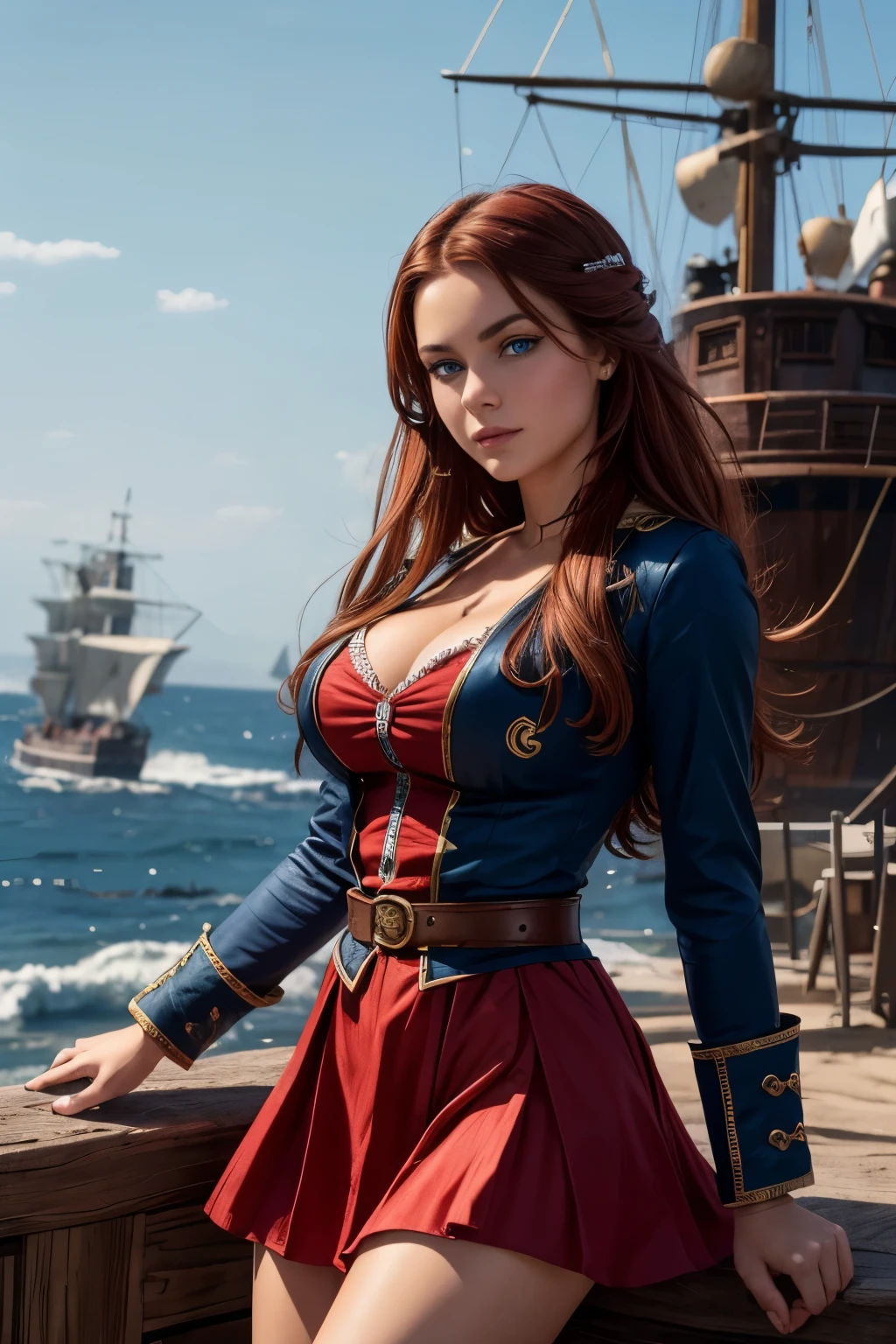 (good quality:1.2), (Ultradetailed:1.2), (ultradetailed face:1.2), (detailed blue eyes:1.2), (ultradetailed body:1.2), young girl with old pistole, red hair, (white pirate dress:1.2), black ship, night, battlefield, fire in the background