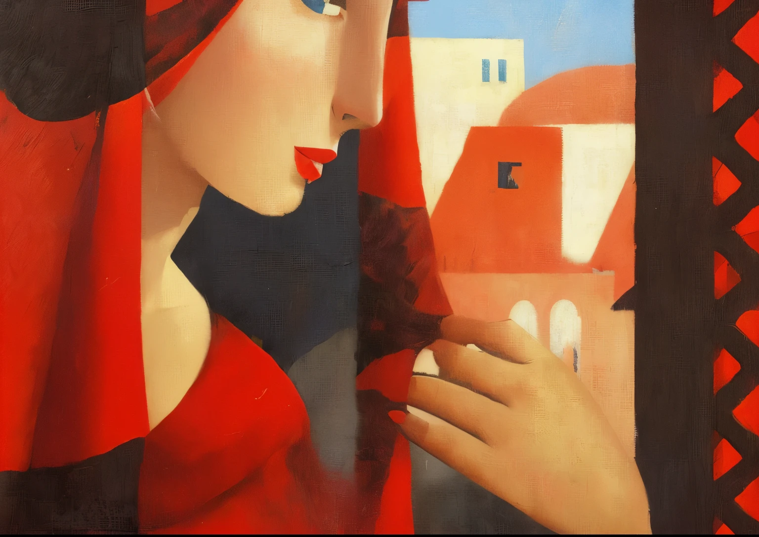 painting of a woman in a red scarf looking out a window, georgy kurasov, andrey remnev, by Mahmoud Farshchian, maya bloch artwork, by Alberto Morrocco, vdragan bibin, by George Papazov, painting of a woman, vitaly bugarov, by Vladimir Tatlin, by Ricardo Bofill