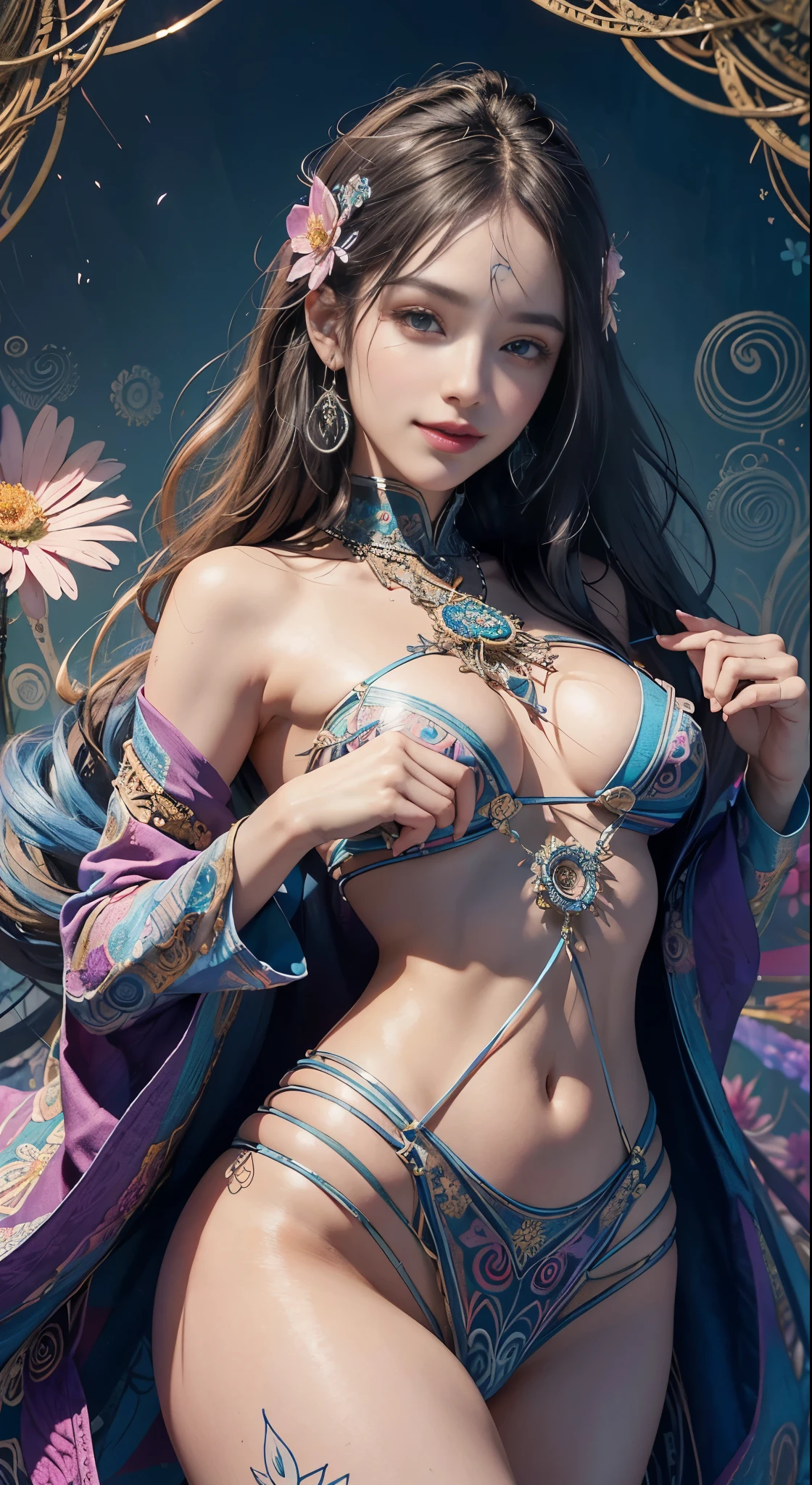 official art, unity 8k wallpaper, ultra detailed, beautiful and aesthetic, beautiful, masterpiece, best quality, (zentangle, mandala, tangle, entangle), (ecstasy of flower:1.2), dynamic angle, cowboyshot, the most beautiful form of chaos, elegant, a brutalist designed, vivid colours, romanticism, atmospheric, smirk smile, wink eye