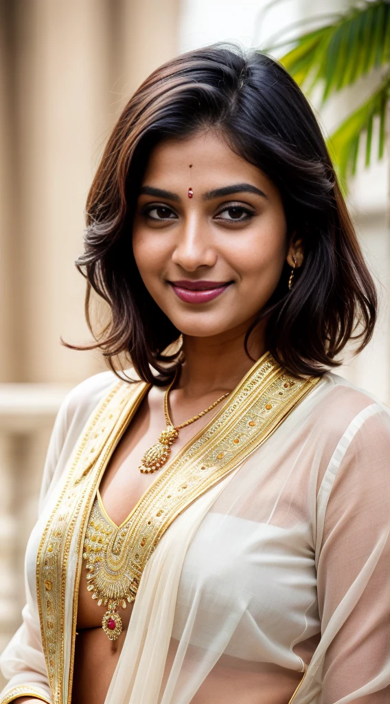 create a hyper realistic one third portrait Indian most attractive and beautiful smiling woman in cream and blue golden line business suit extra big chest, 36D, [[Short equal length wavy haircut]] trending on artstation, portrait, digital art, pretty, soft smile, dark pink lipstick,