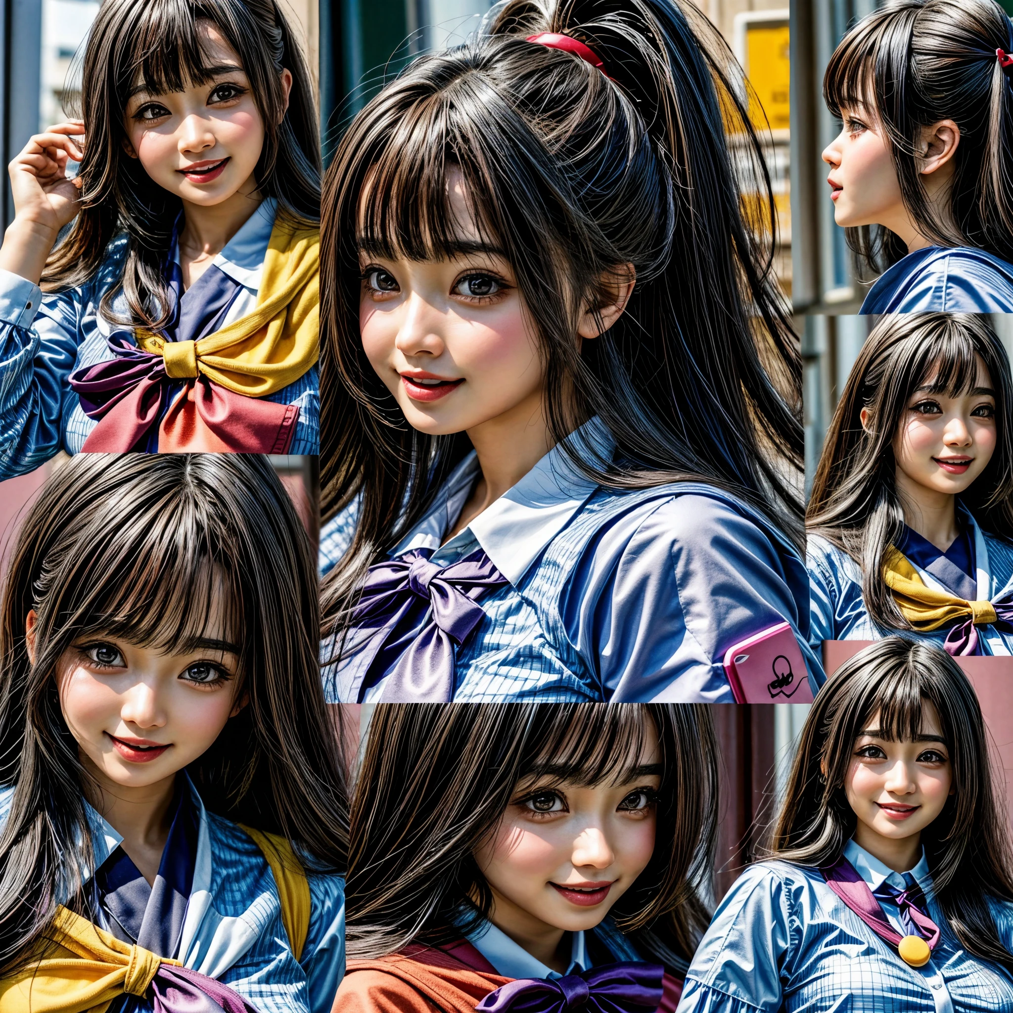 (((1 KAWAII girl, 9 grids, 9 poses and expressions, different emotions))) . Extremely Detailed KAWAII face, School Uniform