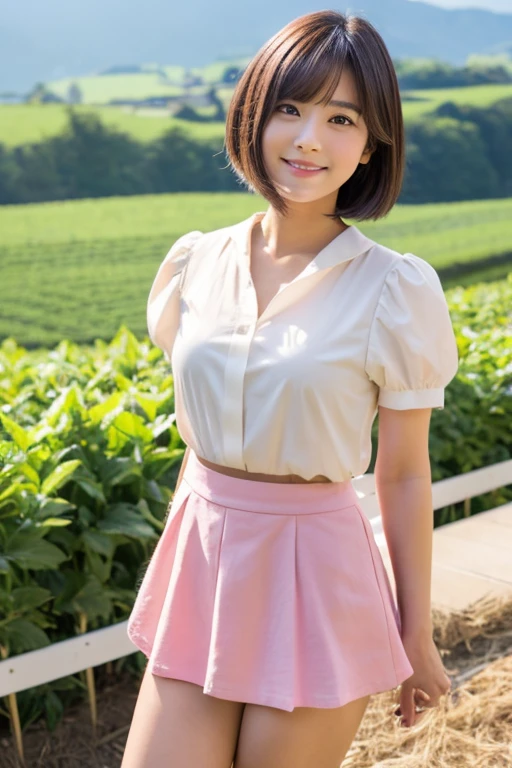 live-action, Beautiful Japanese actress Minami Hamabe, Her face is Minami Hamabe, a Japanese actress., I am standing on a farm with a view of the mountain ridgeline of Nobeyama., (Detailed model figure:face is facing the camera, The body is facing the camera) (Photo composition:Front of the body, Photo from thighs up,looking at the camera, Photo from the front) (hair details:Bob cut brown hair) (Body details:Height: 155cm, bust 79cm, Waist 55cm, Hip 85cm, Healthy thighs) (detailed costumes: pink short sleeve blouse, Fluffy white mini skirt with folds)