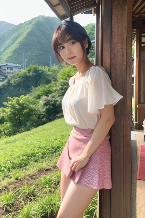 live-action, Beautiful Japanese actress Minami Hamabe, Her face is Minami Hamabe, a Japanese actress., I am standing on a farm with a view of the mountain ridgeline of Nobeyama., (Detailed model figure:face is facing the camera, The body is facing the camera) (Photo composition:Front of the body, Photo from thighs up,looking at the camera, Photo from the front) (hair details:Bob cut brown hair) (Body details:Height: 155cm, bust 79cm, Waist 55cm, Hip 85cm, Healthy thighs) (detailed costumes: pink short sleeve blouse, Fluffy white mini skirt with folds)