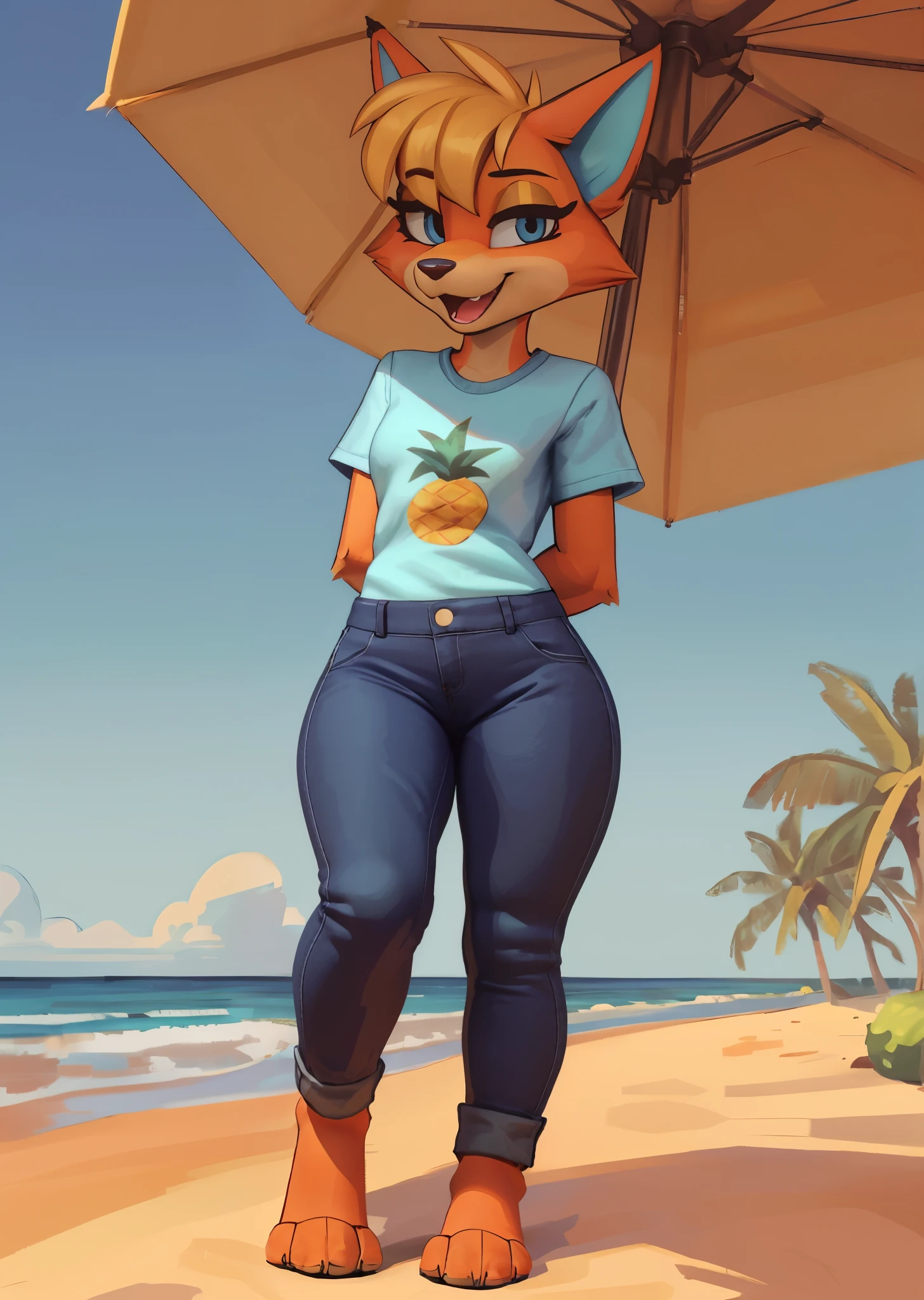 [audie], [Animal Crossing], [Uploaded to e621.net; (Pixelsketcher), (wamudraws)], ((masterpiece)), ((HD)), ((high res)), ((solo portrait)), ((front view)), ((feet visible)), ((furry; anthro)), ((detailed fur)), ((detailed shading)), ((beautiful render art)), {anthro; (slim figure), orange fur, brown nose, (cute cyan-blue eyes), (long eyelashes), (yellow eyeshadow), (blonde hair bang), fluffy tail), (curvy hips), (beautiful legs), (beautiful feet), (blushing), (cute smile), (mouth open), (excited expression)}, {(blue tee shirt), (pineapple printed on shirt), (tight jeans)}, {(standing), (hands behind back), (looking at viewer)}, [background; (beach), (glistening ocean), (blue sky), (sun rays), (ambient lighting)]