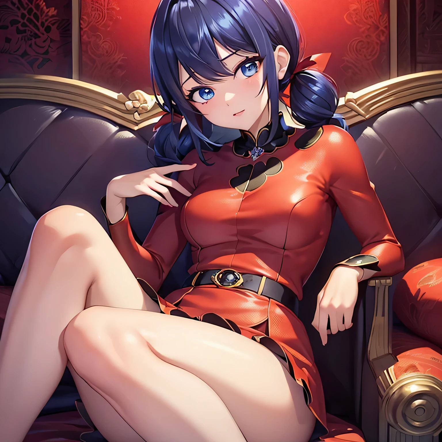 UHD, masterpiece, textured skin, super detailed, high quality, award wining, best quality, intricate details, perfect lighting, beautiful eyes,1girl, 14 years ans, Marinette Dupain-Cheng, Ladybug, short twintails, dark blue hair, blue eyes, beautiful pose, red outfit, perfect legs, perfect hands, realistic