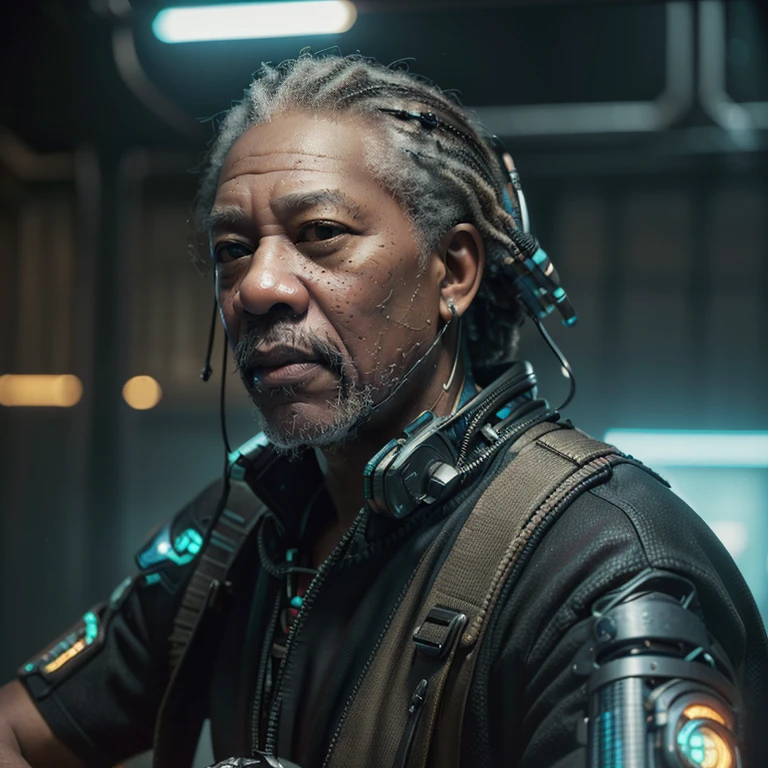 ((masterpiece, highest quality, hires, amazing detail, 8k, best quality, dynamic angle)), cinematic, portait, closeup shot of middle aged man / morgan freeman /, playing guitar, perfect facial hair, scars, cybernetic implants, shirow masamune, ghost in the shell, gantz, gritty, cyberpunk background, muted colours