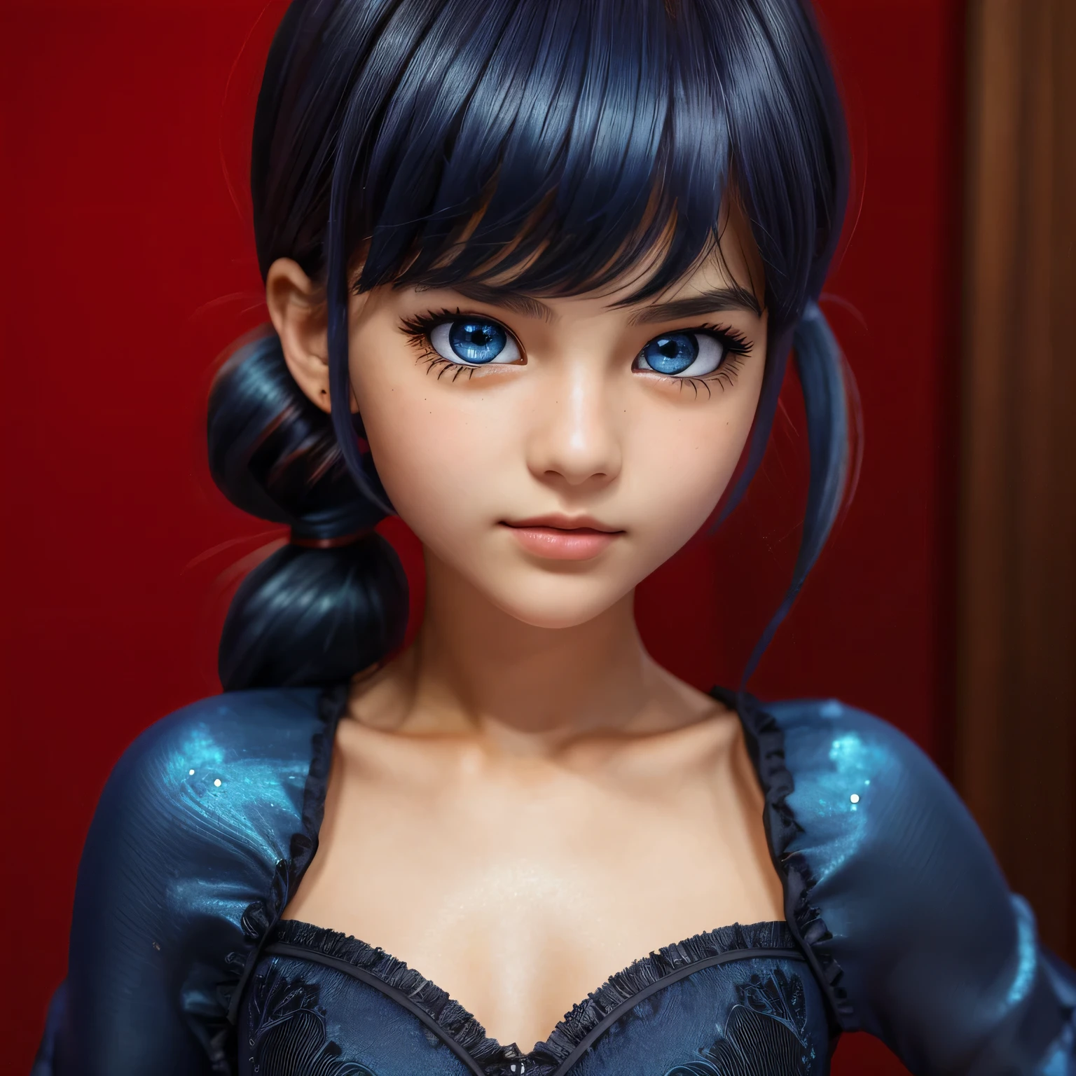 UHD, masterpiece, textured skin, super detailed, high quality, award wining, best quality, intricate details, perfect lighting, beautiful eyes,1girl, 14 years ans, Marinette Dupain-Cheng, Ladybug, short twintails, dark blue hair, blue eyes, beautiful pose, standing, perfect legs, perfect hands, realistic