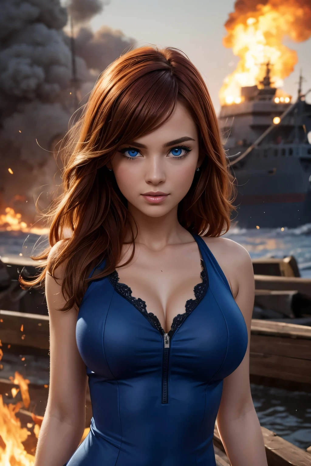 (good quality:1.2), (Ultradetailed:1.2), (ultradetailed face:1.2), (detailed blue eyes:1.2), (ultradetailed body:1.2), young girl with old pistole, red hair, white pirate dress, black ship, night, battlefield, fire in the background