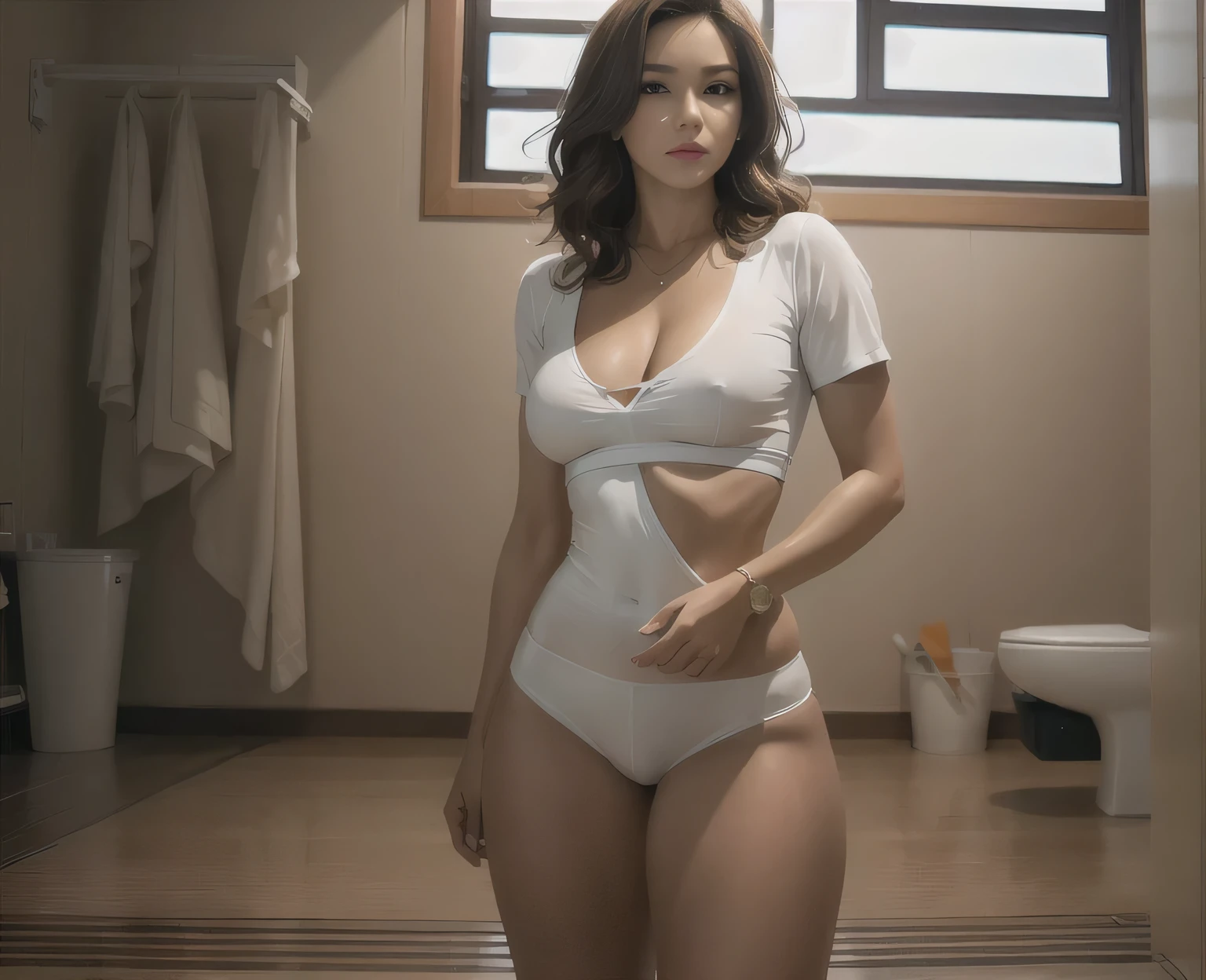 There is a woman in a white bodysuit standing in a bathroom, beautiful south mulher Coreano,  Coreano, mulher Coreano, gorgeous young mulher Coreano, corpo sexy, photorealistic Corpo Perfeito, bela jovem mulher francesa, corpo quente sexy, Japanese model, vestindo collant branco, terno branco liso e justo, Corpo Perfeito, em roupas brancas