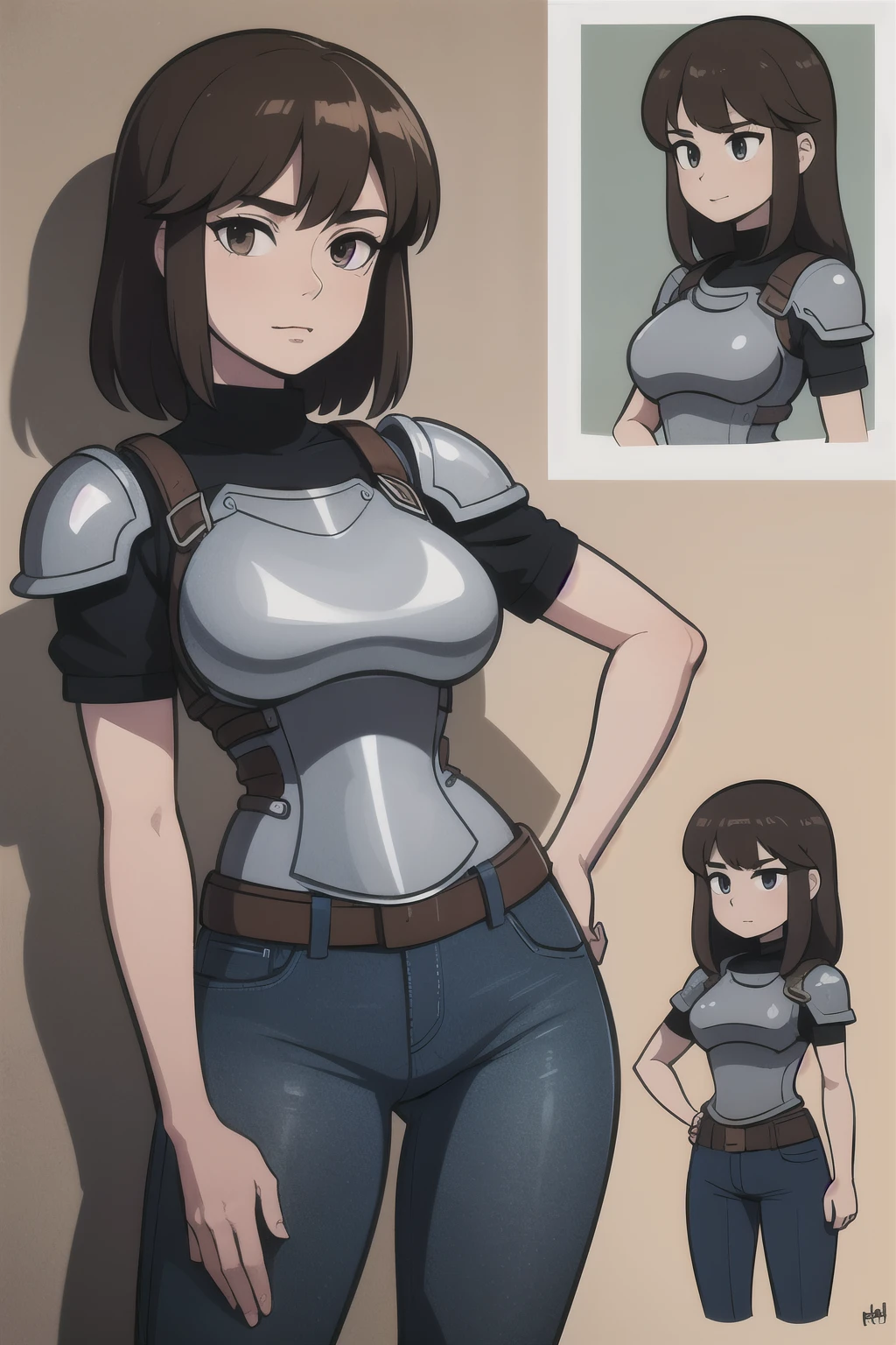 ((Best quality)), ((masterpiece)), (detailed), perfect face perfect figure, blue skinny jeans, Brown hair, Iron Breastplate, girl in blue jeans and iron armor, without ordering, short sleeves