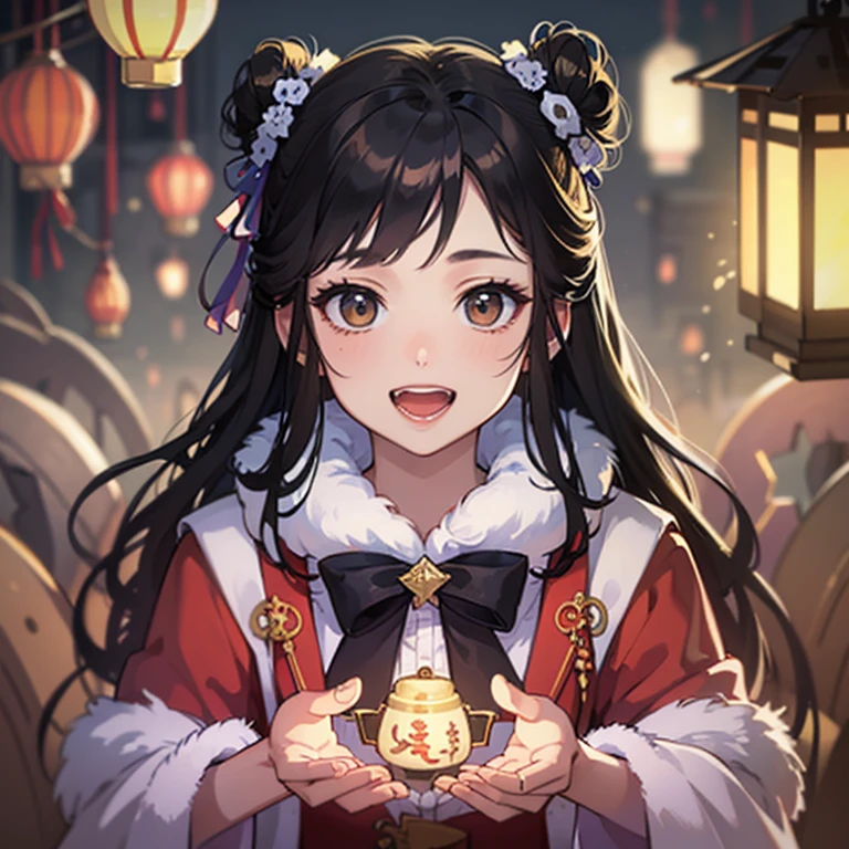 (best quality), ((masterpiece)), (highres), illustration, original, extremely detailed,licg, 1girl, solo, open mouth, brown hair, holding, fur trim, smile, brown eyes, simple background, looking at viewer, bangs, long sleeves, white background, lantern, double bun, holding lantern, ribbon
