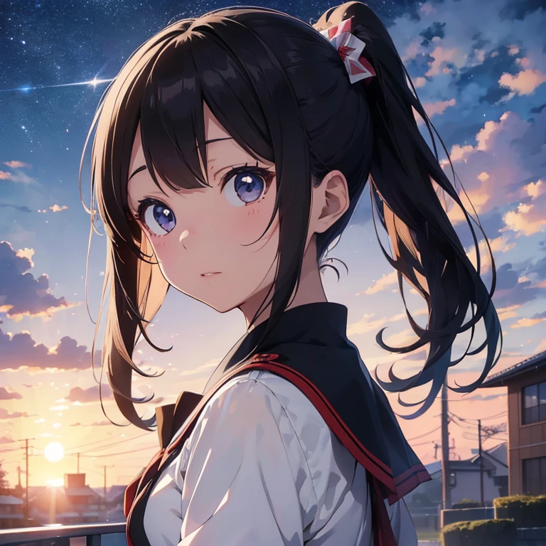雪の街で写真を撮るuniformを着たアニメの女の子, beautiful anime high school girl, surreal , Detailed portrait of anime girl, High-definition official artwork, surreal , Realistic Female Proofreading, 、uniform、black hair ponytail