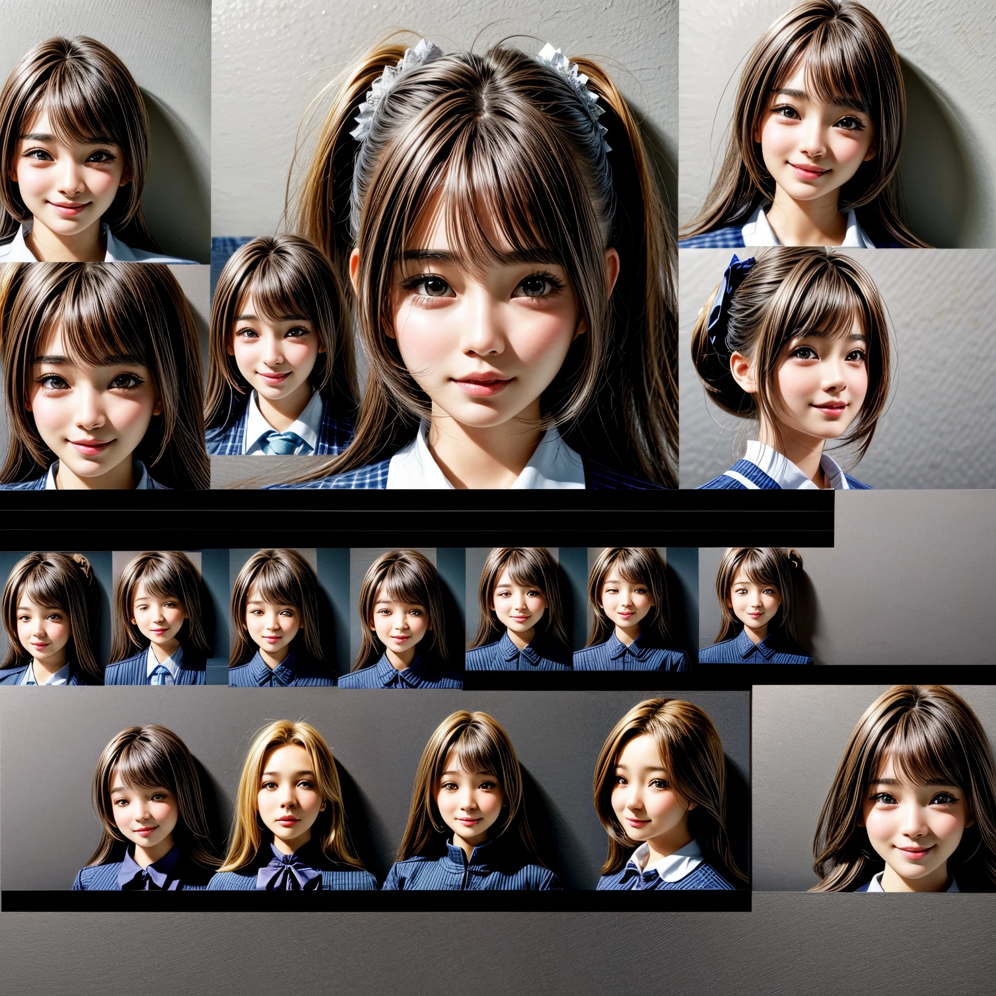 (((1 KAWAII girl, 9 grids, 9 poses and expressions, different emotions))) . Extremely Detailed KAWAII face, School Uniform , (9 photographs on the wall), (NSFW:-0.95) .