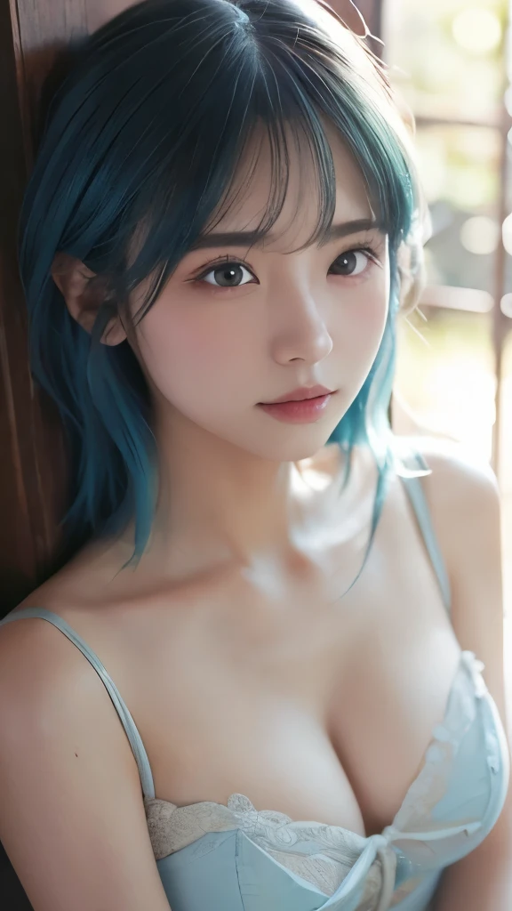 {{masterpiece}}, {{highest quality}}, {{Super detailed}}, {{illustration}}, cinematic lighting,beautiful delicate shine, dynamic angle, Depth of bounds written, light_leak, wonderful, fine details, 4k, 8K,japanese idol, blue hair, vibrant blue sky, dreamy expression, bright and warm tones, {sexy pose},