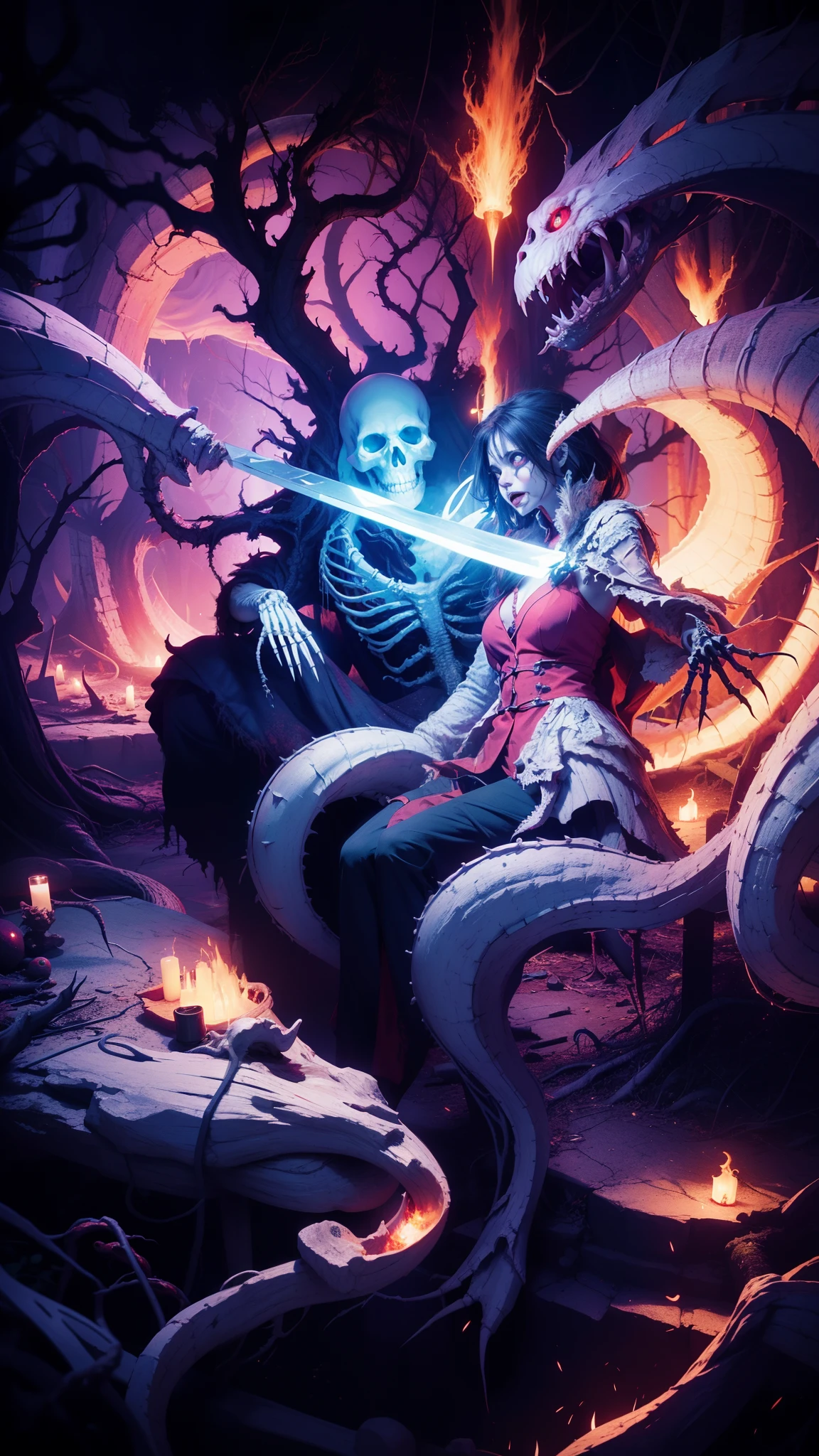 Fine matte painting, skeleton dark angel big wings haunted castle on drawing table full of knives, ghost realm, grave, horror, spooky, scary, secret horror, tentacles, vines, eyes, uncanny valley effect teeth, limbs, animals, blood moon