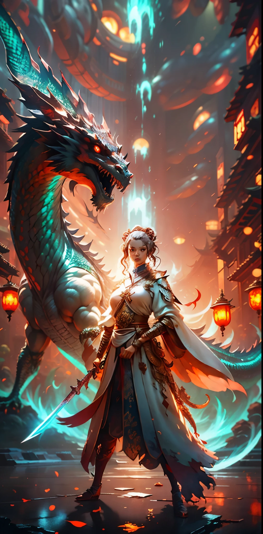 a woman standing in front of a dragon with a sword, by Yang J, queen of dragons, Dragon Girl, anime fantasy illustration, the dragon girl portrait, dragon-inspired cloth robes, Artgerm and Ruan Jia, Anime fantasy artwork, human and dragon fusion, Chinese fantasy, alice x. zhang, krenz cushart and wenjun lin