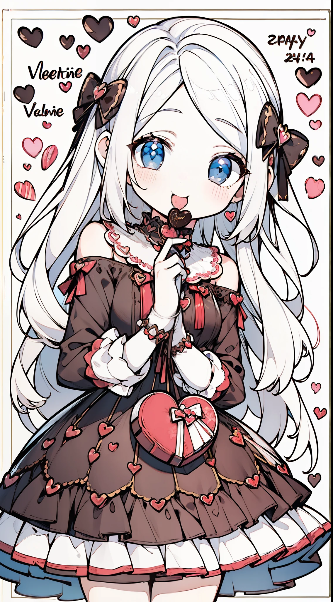(((32k))), (16k), (8k), (4k), (((32k heart background))), (((Pretty girl))), (((cute girl))), (beautiful quality eyes), (cute smile), (((dress))), (valentine), ((holding heart chocolate)),