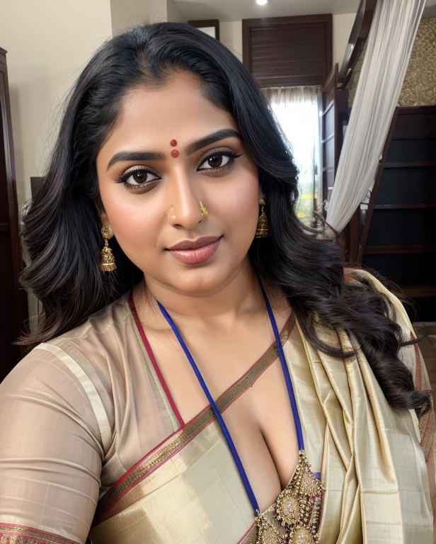 (RAW photo, natural lighting) Indian woman wearing saree (realistic, blouse, petticoat), 20 years old, (chubby cheeks:1.1), (curvy body:1.2), (eyeglasses), (bindi), An Indian beauty, charismatic, light Indian- skin, view the viewer, naughty smile, Indian village, (detailed facial features),big chest/boobs, nipples