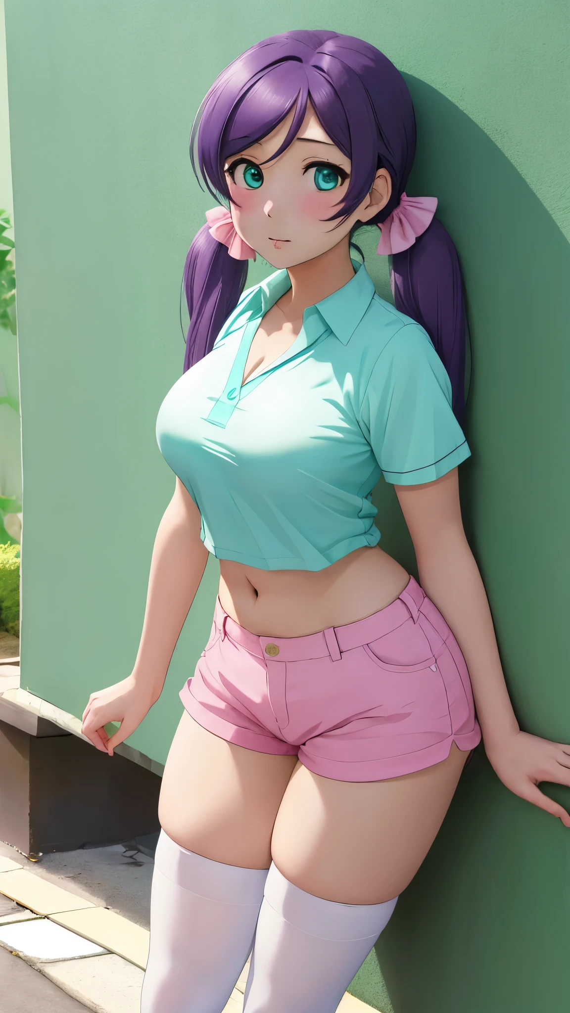 (masterpiece), best quality, aqua eyes, perfect face, nozomi toujou,  low twintails, big breasts,white shirt, navel, pink shorts,thighhighs, standing leaning on wall