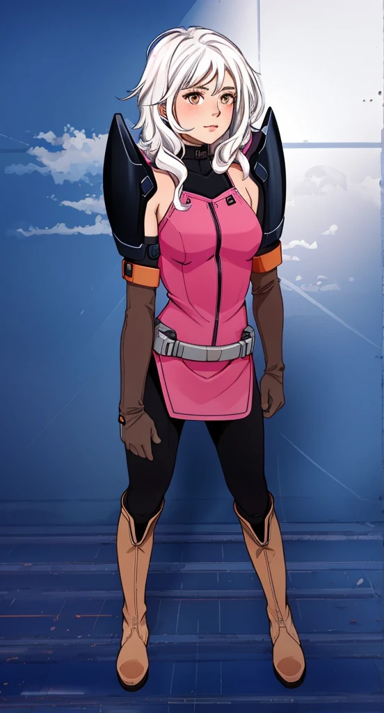  a woman in a pink dress standing in front of a blue background, black bodysuit, cyborg like shoulders, long brown gloves, brown cowgirl boots, white hairs, orange eyes, full body portrait, small woman with cute face