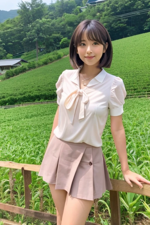 beautiful japanese woman, high teenager, I am standing on a farm with a view of the mountain ridgeline of Nobeyama.,A woman sitting lightly on a log fence （Detailed model figure：face is facing the camera, The body is facing the camera） （Photo composition：Front of the body, Photo from thighs up,looking at the camera,　Photo from the front） （facial details：long eyes, beautiful eyes, Eye pupils are black, looking at the camera, elongated facial contour, Smile a little,sharp cheeks, round chin, clean nose, round chin, Bob cut brown hair） （Body details：Height: 155cm, bust 79cm, Waist 55cm, Hip 85cm, Healthy thighs) （detailed costumes： yellow short sleeve round neck shirt, Light blue miniskirt with fluttering pleats, I lift up my skirt and see my white panties.）