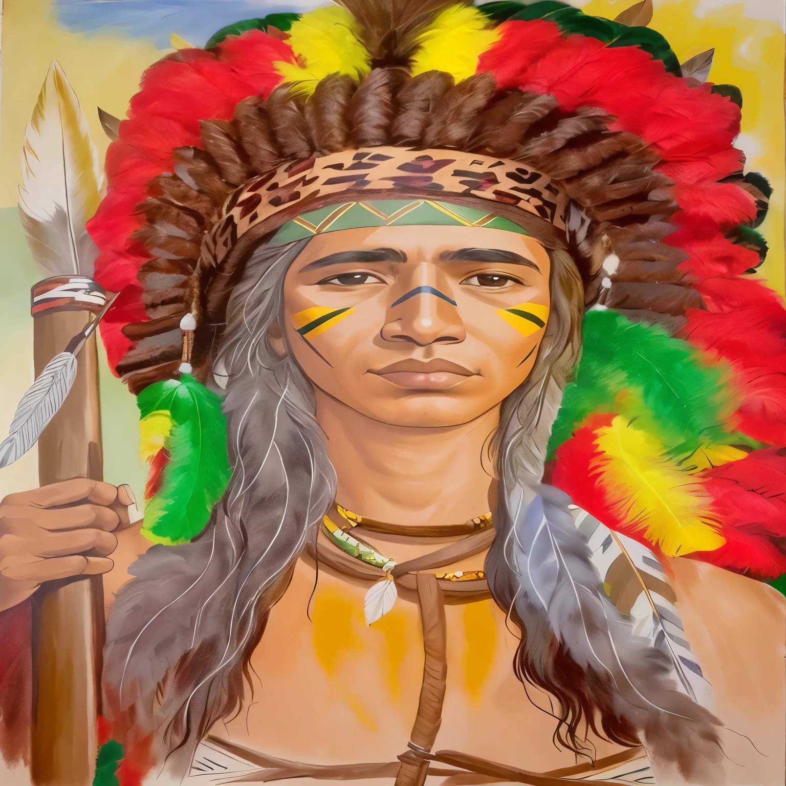 painting of a Nativo americano man with a feather and feathered headdress, inspirado em George Catlin, Guerreiro indiano, indigenous man, Nativo americano warrior, a Nativo americano warrior, Nativo americano, indigenous, retrato de um guerreiro, guerreiro yaotl asteca, amazon indian peoples in brazil, Guerreiro habilidoso do Apache, nuvem vermelha, guerreira amazona, guerreiro azteca