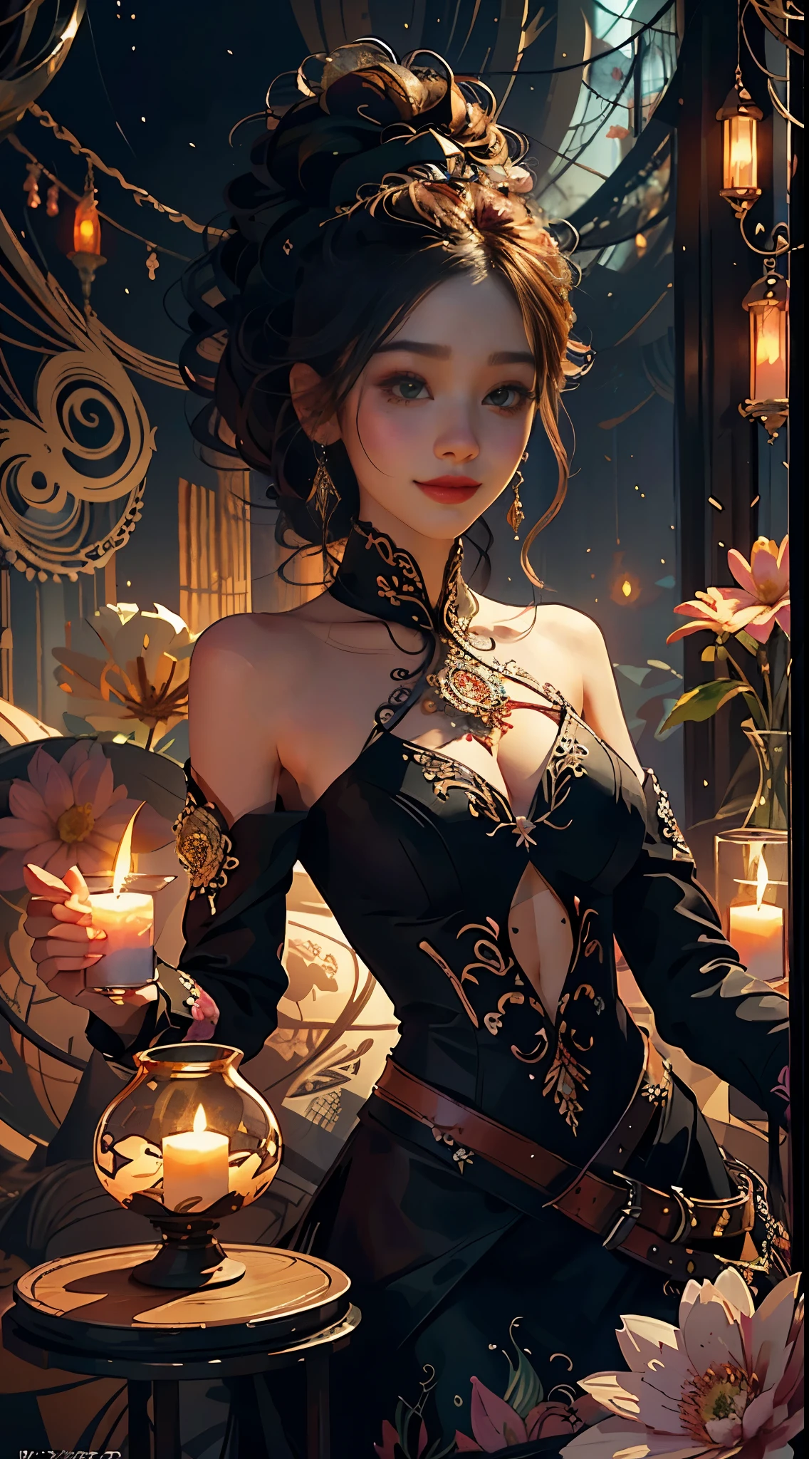 official art, unity 8k wallpaper, ultra detailed, beautiful and aesthetic, beautiful, masterpiece, best quality, (zentangle, mandala, tangle, entangle), (ecstasy of flower:1.2), dynamic angle, cowboyshot, the most beautiful form of chaos, elegant, a brutalist designed, vivid colours, romanticism, atmospheric, warm smile, beautiful detail eyes sparkling look