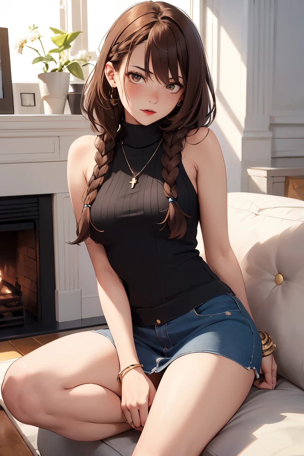((best quality)), ((masterpiece)), (detailed), Ridiculous resolution, ultra high resolution, hyper resolution, (masterpiece:1.4), Hyper-detailing, a woman. She is 17 years old. Auburn hair. She has bangs in her hair. Braids. red lips. she is blushing. she has freckles. (Ultra detailed brown eyes:1.4)). she is lying on a sofa by the fireplace. She is wearing a blue colored sleeveless wool crop top. She is wearing a wool ribbed mini skirt. necklace. She is upset. She has a belly button piercing.