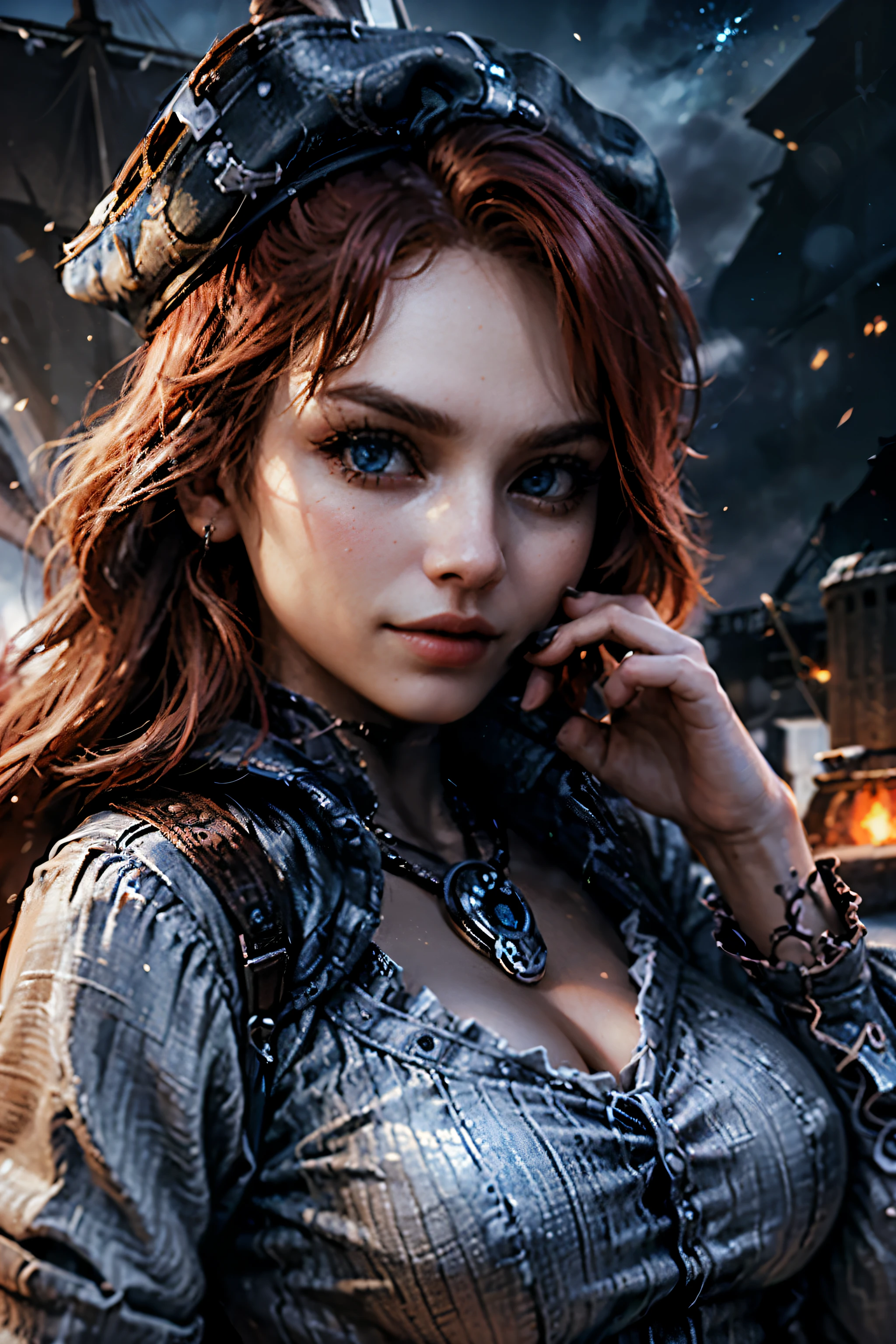 (Good quality:1.2), (Ultradetailliert:1.2), (ultradetailliertes Gesicht:1.2), (detaillierte blaue Augen:1.2), (ultra detailed body:1.2), young girl with old pistol, Rote Haare, (white pirate dress:1.2), Piratenschiff, Nacht, Schlachtfeld, Feuer im Hintergrund